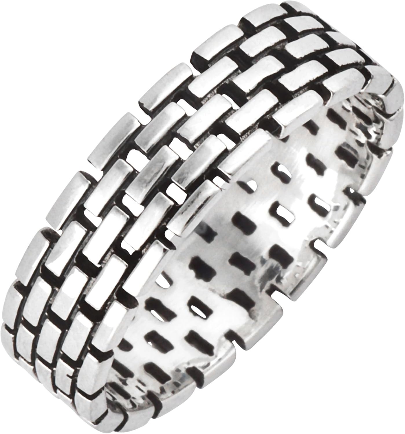 Silverly Sterling Silver Brick Wall Wide Band Ring for Women - 925 Silver Flat-Edge Chain Link Ring for Men - Modern Minimalist Jewelry - Contemporary Elegant Rings for Everyday