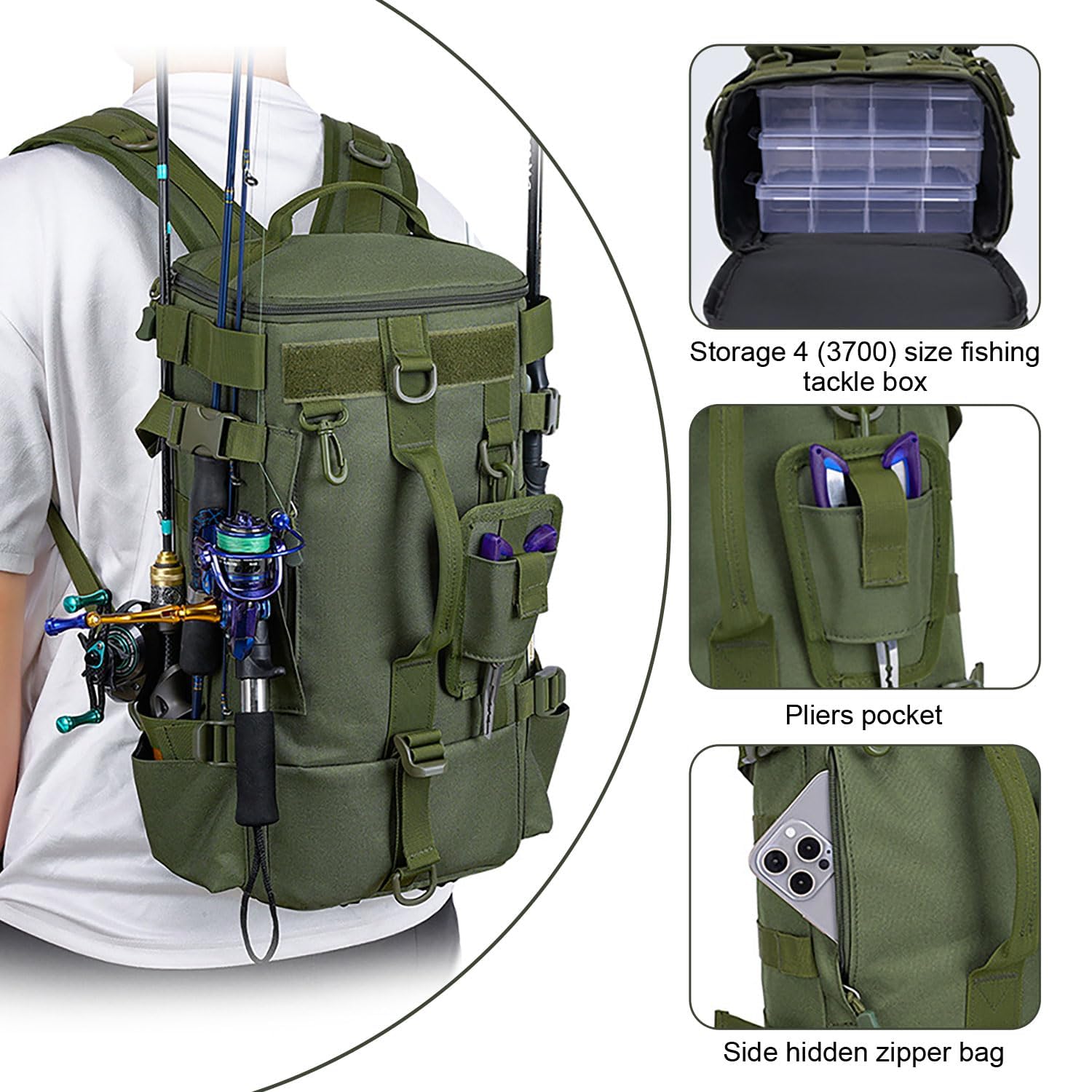 Angelrucksack, Angelrucksack mit Rutenhalter, Wasserdichter Angler Rucksack aus Oxford-Stoff, Lässiger Outdoor Rucksack, Mehrzweck Angel Rucksack für Campin Radfahren Militär(Grün)