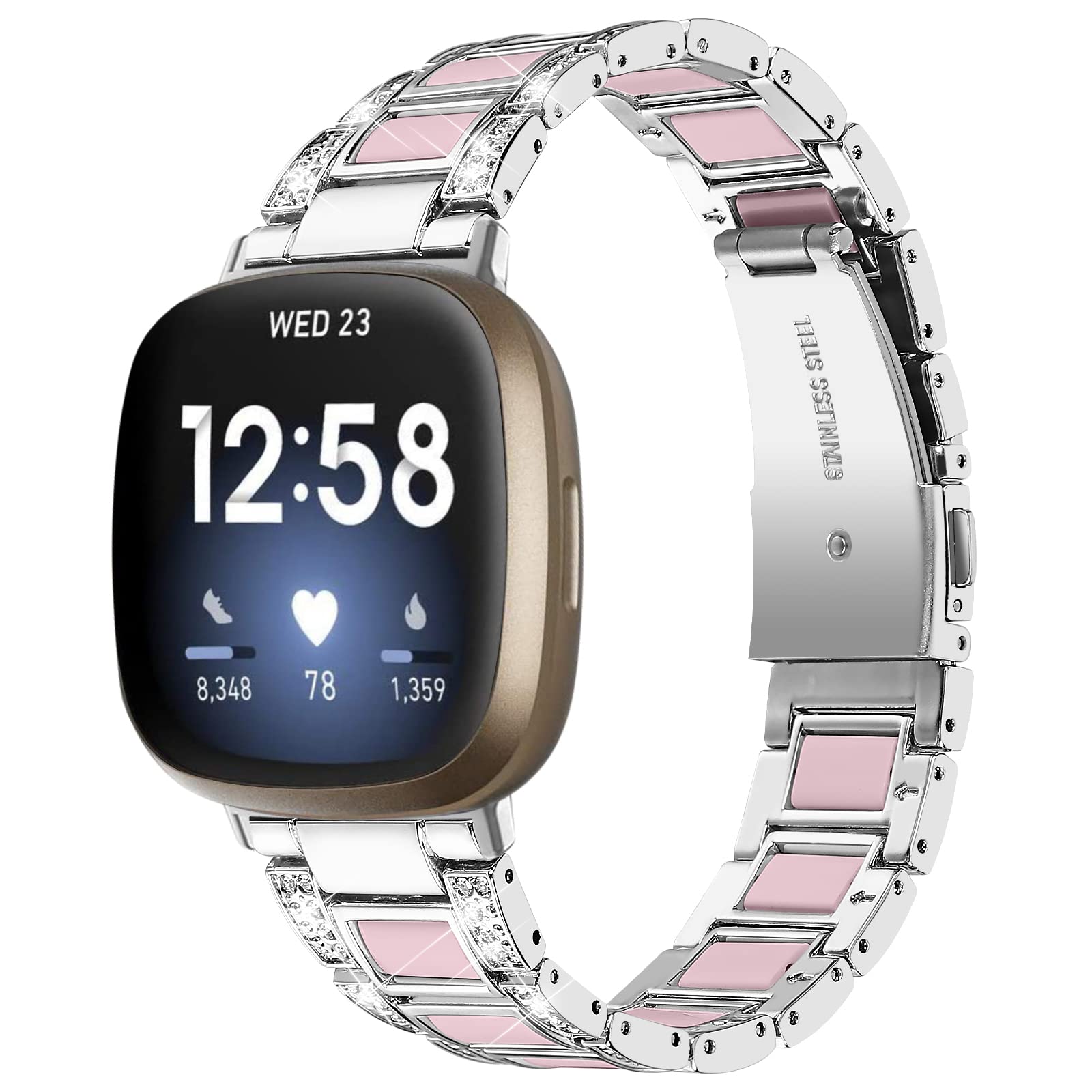 AISPORTS Compatible for Fitbit Versa 4/Sense 2 Strap Stainless Steel Resin for Women, Crystal Bling Glitter Diamonds Jewelry Metal Bracelet Sport Wristband Replacement Strap for Fitbit Versa 4/Sense 2