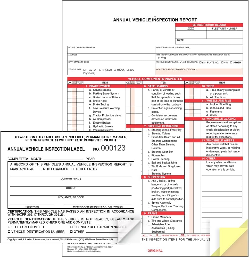 J. J. Keller 50-Pack, Annual Vehicle Inspection Report Form & Prenumbered Adhesive Vinyl Label 2-Ply, 3-Ply Carbonless Form, DOT Compliant