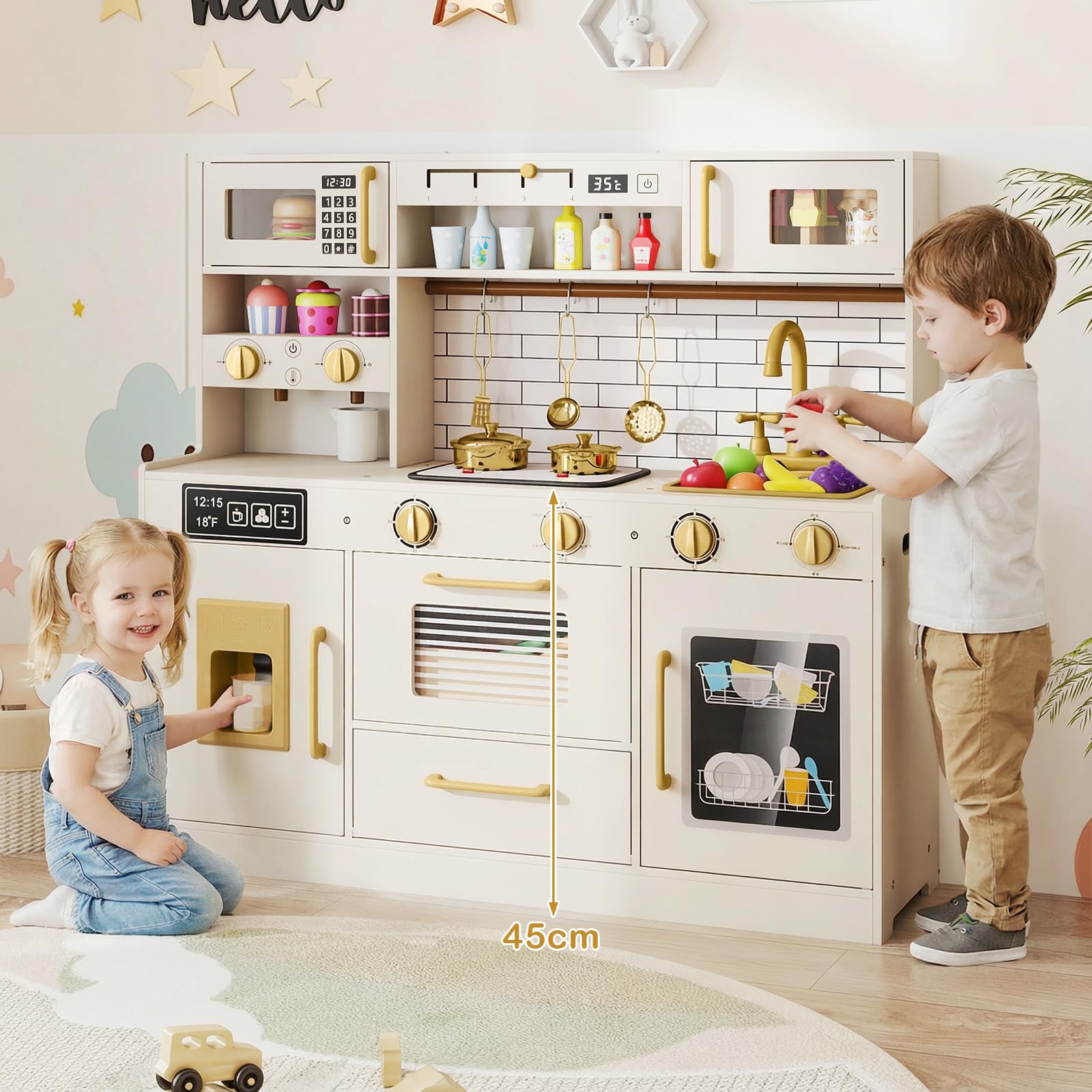 COSTWAY Kinderküche, Spielküche mit Licht und Sound, Holzküche inkl. Zubehör mit Spüle, Eisspender, Mikrowelle, Wasserspender & Ofen, Spielzeugküche für Kinder ab 2 Jahren