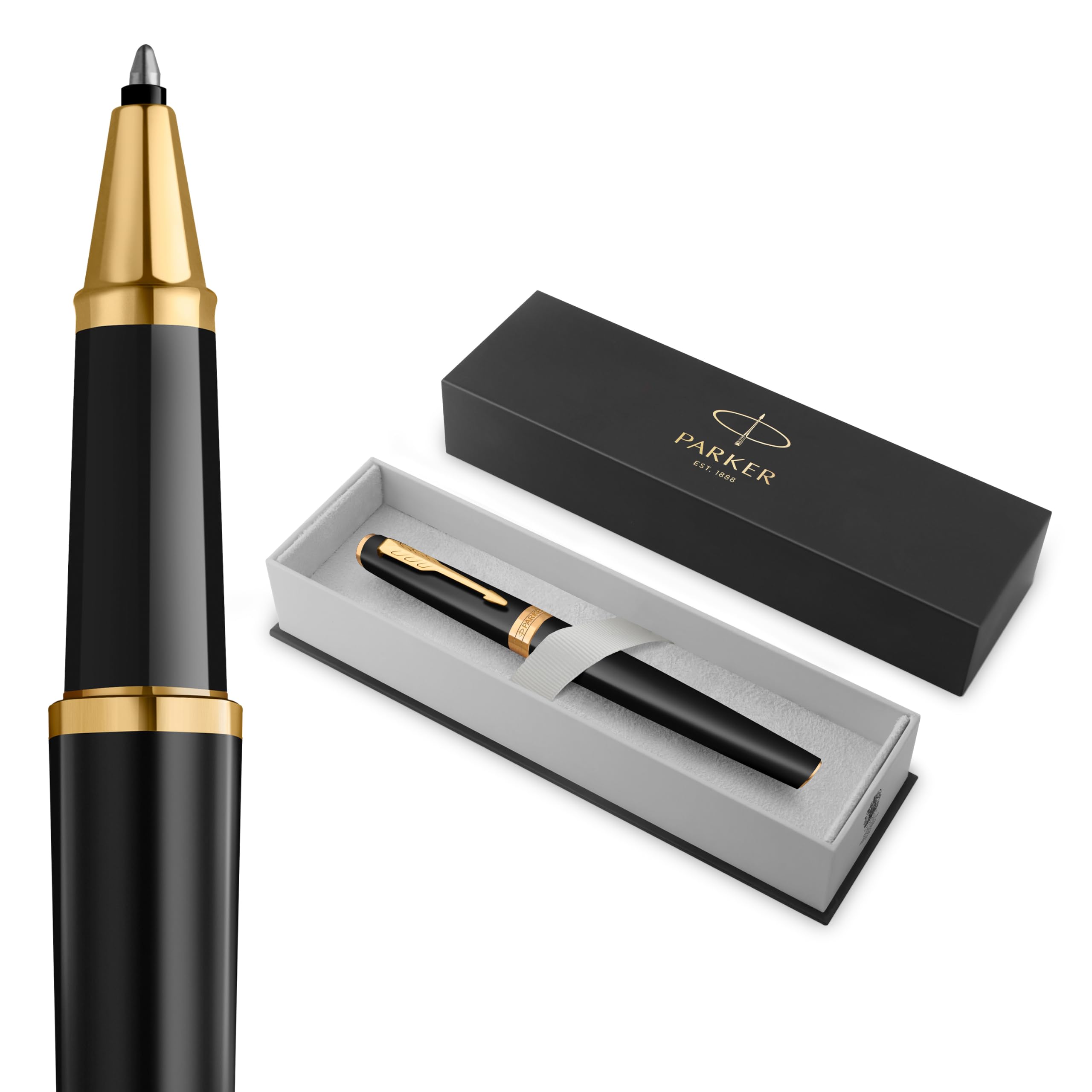 PARKER Meridian Rollerball Pen | Matte Black Lacquer with Gold Trims | Fine Nib | Handwriting Pens & Stationery Supplies | Black Ink | Luxury Gift Box