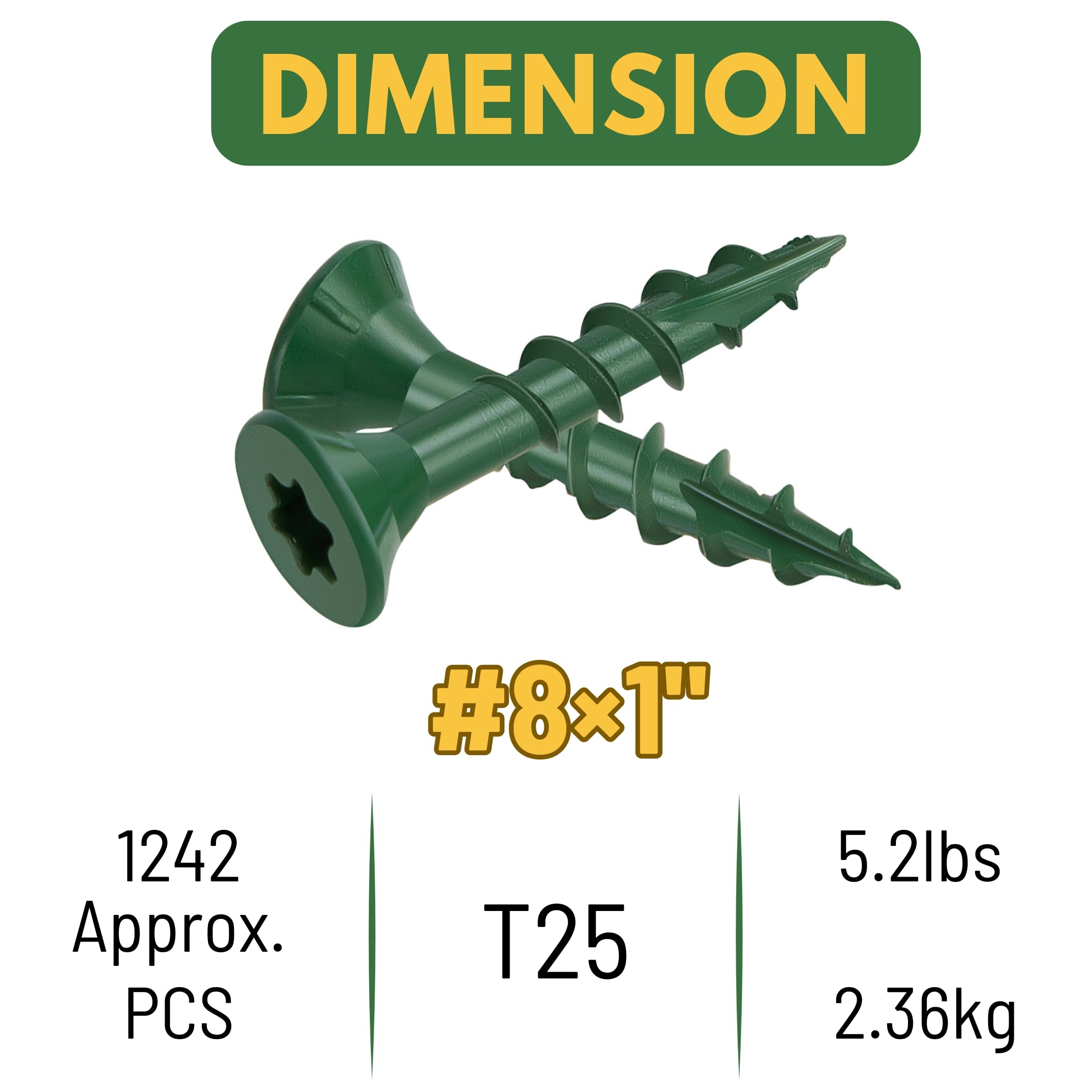 WELLOCKS Lot de 1 242 vis à bois de 2,5 cm, vertes #8 x 2,5 cm, résistantes à la rouille, revêtement époxy, plus de 1 000 heures avec embout étoile Torx T25 inclus pour clôture en bois extérieure