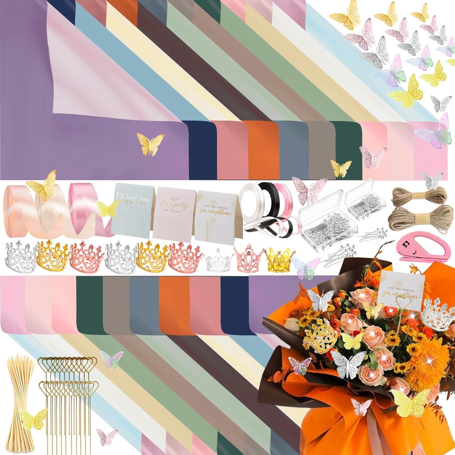 DNSGOOR 548Pcs Flower Wrapping Paper Kit with 200Sheets Double Sided Color Waterproof Bouquet Wrapping Paper Decor Crowns 3D Butterfly Bouquet Pins Ribbons for Valentines Graduation Birthday Party — image 1
