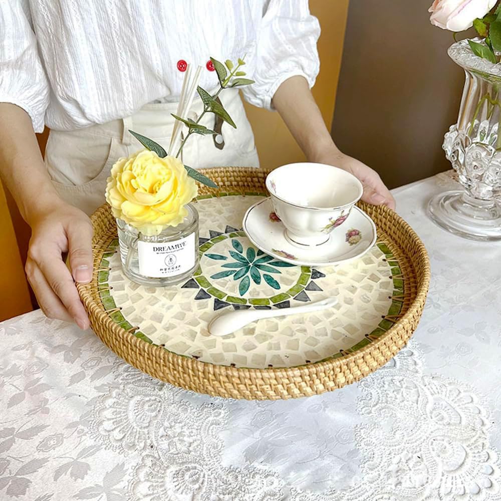 Round Rattan Tray with Mother of Pearl Inlay, Decorative Wicker Serving Tray with Wooden Base, Coffee Table Tray (Brown and Green) - Image 2