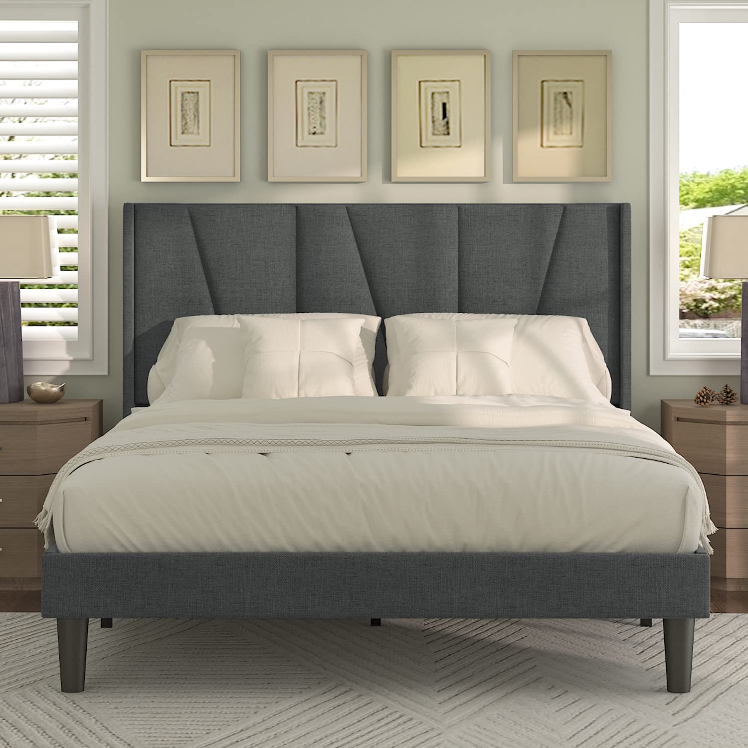 Buy IMUsee Queen Size Bed Frame with Geometric Wingback Headboard
