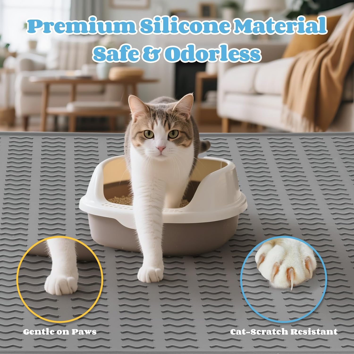 Cat Litter Mat,47x35in Extra Large Litter Mats Silicone,Waterproof Floor Litter Box Mat Indoor,Jumbo Washable Cats Litter Mat Litter Trapping Mat Easy Clean XXL(Grey)