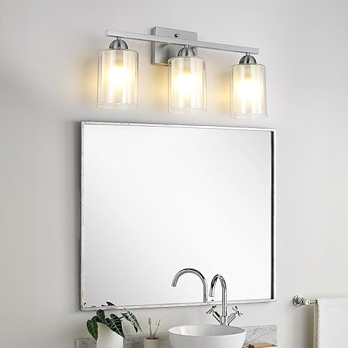 Miniatura 3 de Mecgirn Lámpara de tocador de baño de acero inoxidable sobre el espejo, 3 lámparas de baño de níquel cepillado con pantallas de vidrio transparente