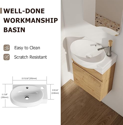 Miniatura 3 de YSJZYBF Tocador de baño flotante pequeño de 16 pulgadas montado en la pared con puertas de cierre suave y fregadero de cerámica ovalado para baño