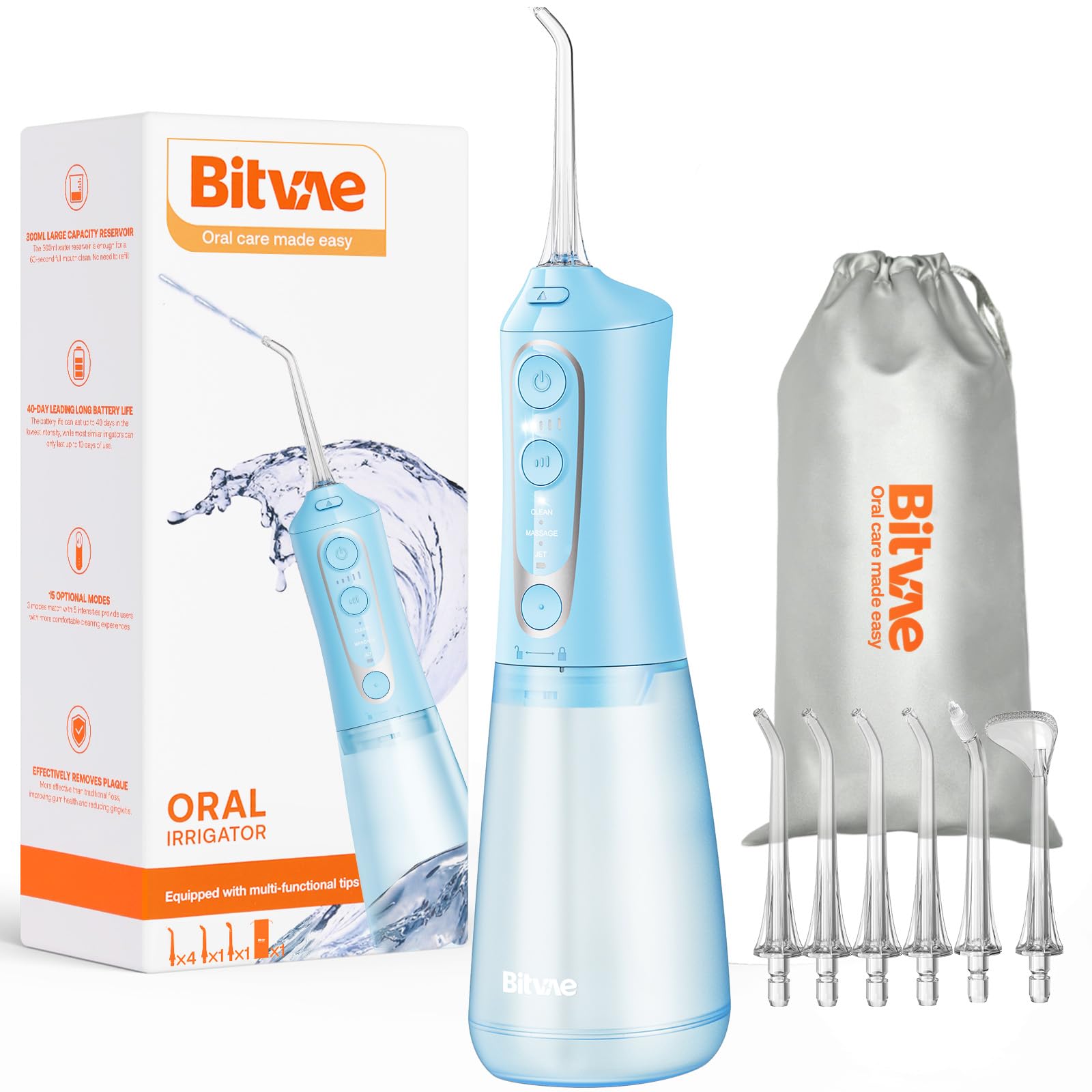Bitvae C6 Cordless Water Dental Flosser for Teeth Cleaning Picks, Portable Flosser for Travel with 6 Jet Tips, IPX7 Waterproof USB Rechargeable Oral Irrigator Cleaner, Sky Blue