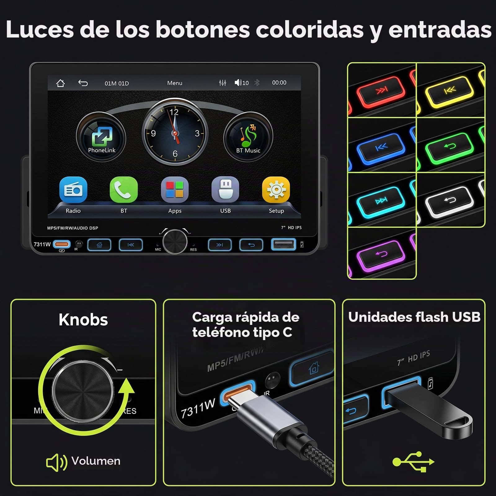 Hodozzy RDS Radio Coche 1 DIN con CarPlay inalámbrico Android Auto, IPS Pantalla de 7 Pulgadas con USB Type-C, Compatible con Bluetooth 5.2, EQ, Controles del Volante, Cámara de Visión Trasera