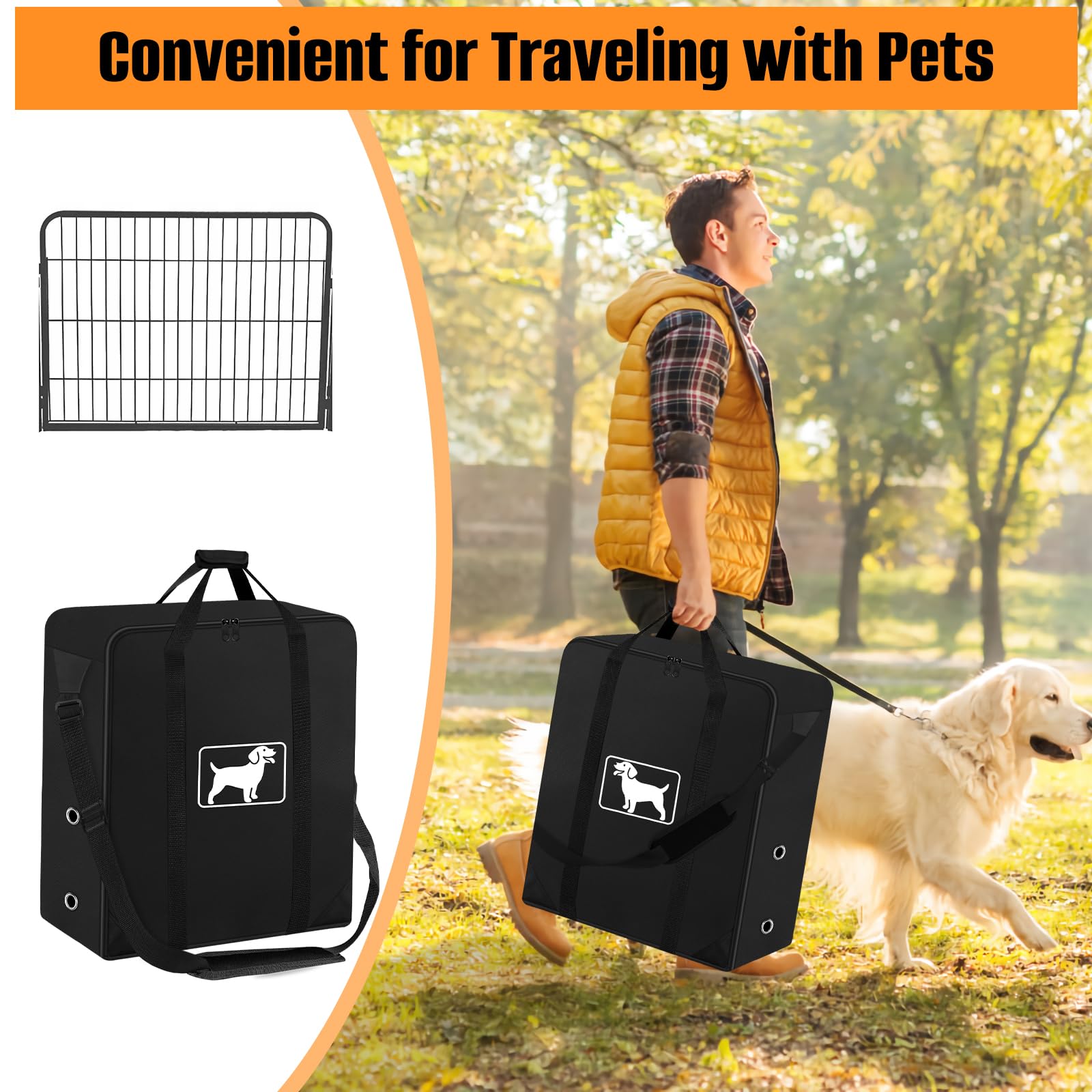Sac de rangement pour parc pour chien, convient pour 61 cm de haut, 8 panneaux et 9 piquets, sac de voyage pour clôture pour chien pour exercice pliable, avec épaule, tissu Oxford 600D imperméable et