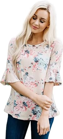 Womens Floral Printing T Shirts Flounce Half Sleeve Tops Fashion Flowy Tunic Crew Neck Curved Hem Blouse Shirt Shirt