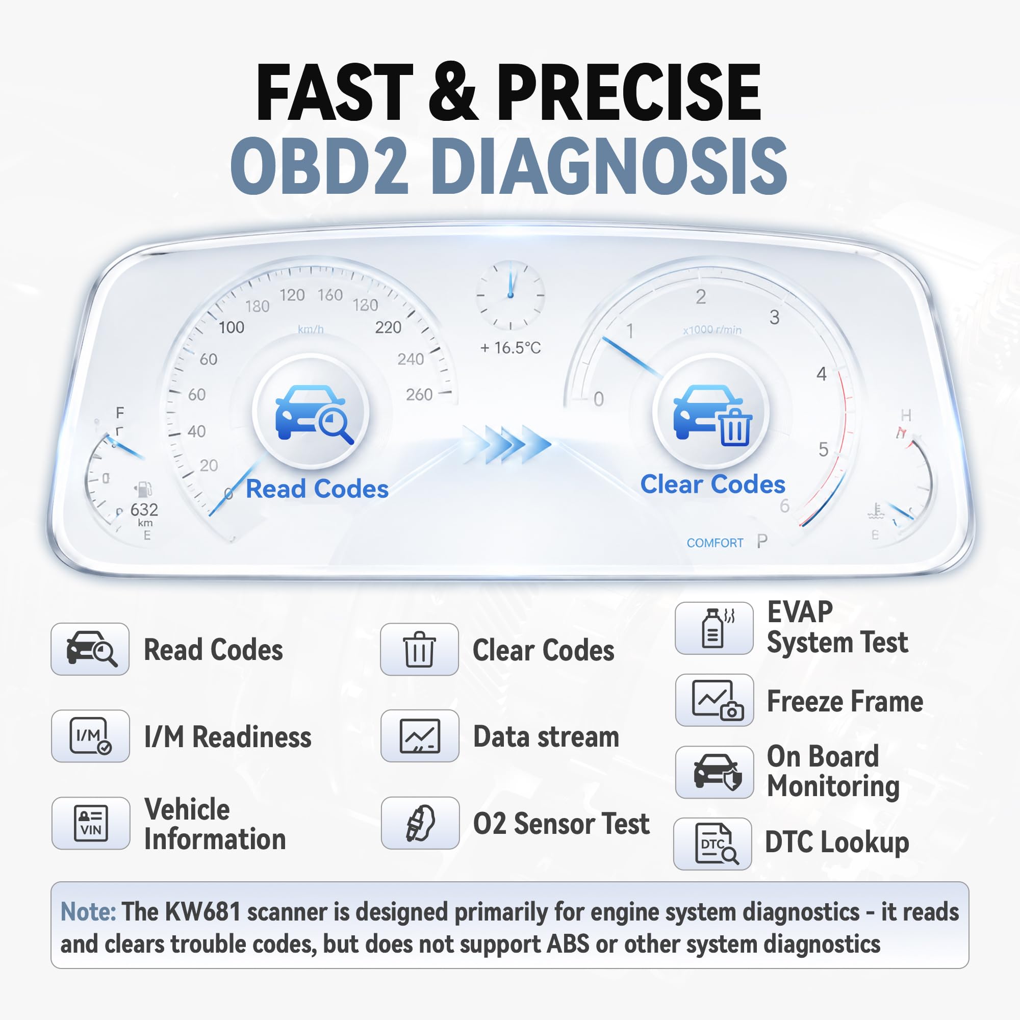 KONNWEI KW681 Auto walizka diagnostyczna 2 w 1, czytnik diagnostyczny OBD2 z testerem akumulatora samochodowego 6V/12 V, test akumulatora CCA/SOH/SOC, kompatybilny z pojazdami benzynowymi | Diagnostyka pojazdu