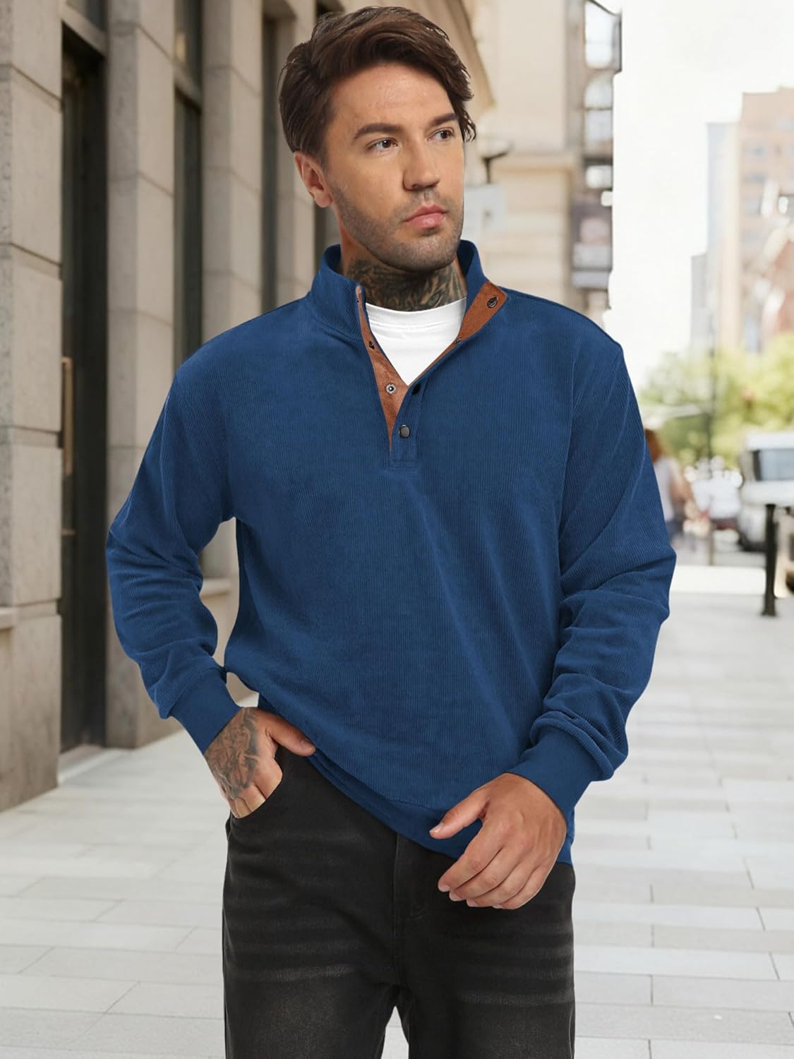 Mens Corduroy Sweatshirt Retro Metal Button Heavyweight Casual Workwear Warm Stylish Pullover S-2XL - Image 3