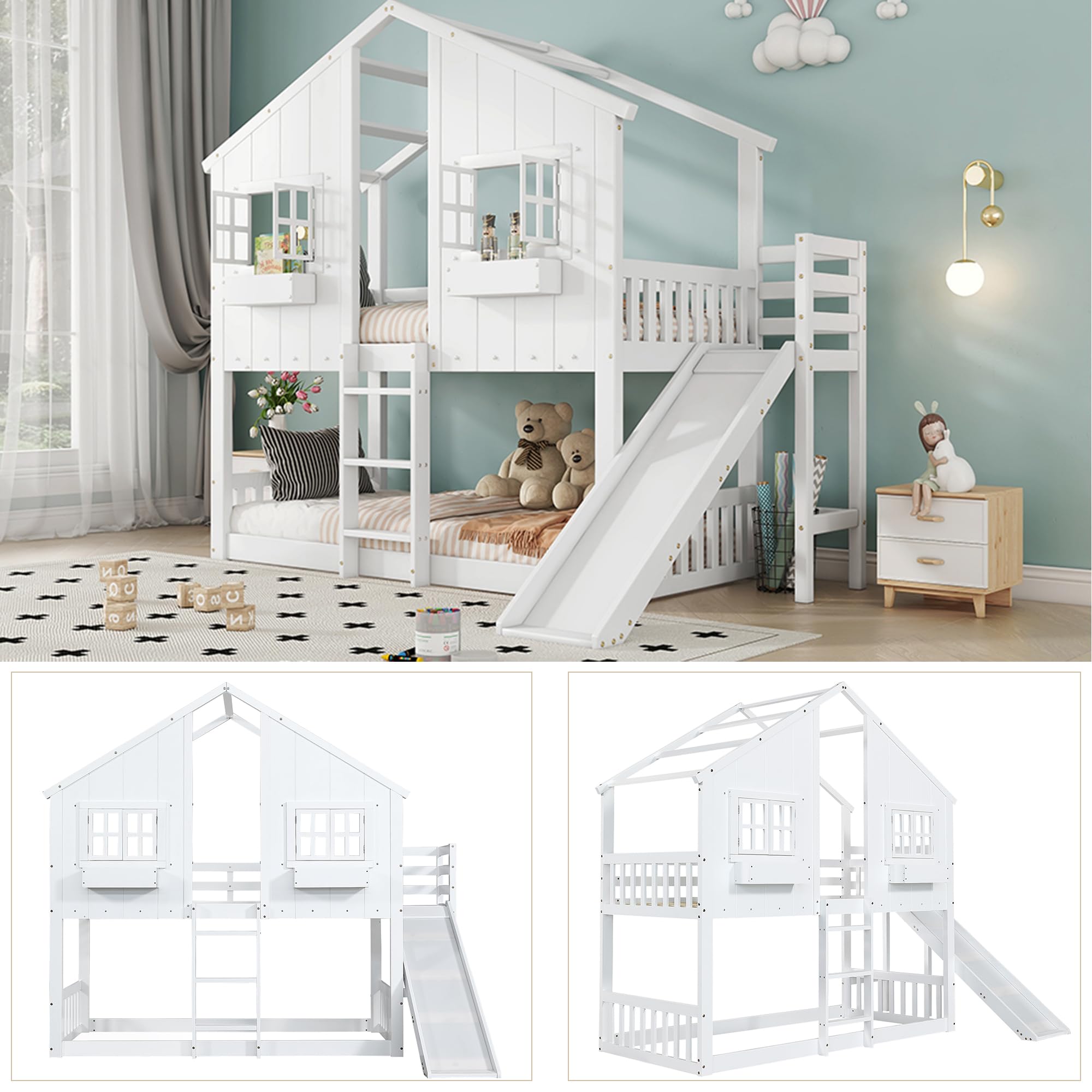 Letto a Castello (90x200 cm) in Pino+MDF con Scivolo e scaletta a Tre gradini, Letto a Castello per Bambini con Tetto, Finestra, Sponda di Sicurezza, Bianco
