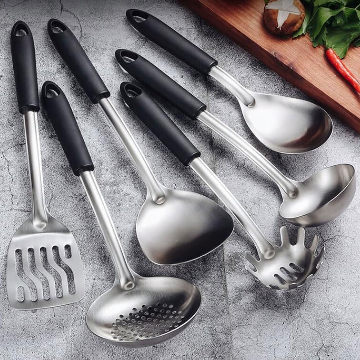 Set di 6 utensili da cucina in acciaio inossidabile con cucchiaio e spatola per cena, colore nero, utensili da cucina per chef casalinghi.