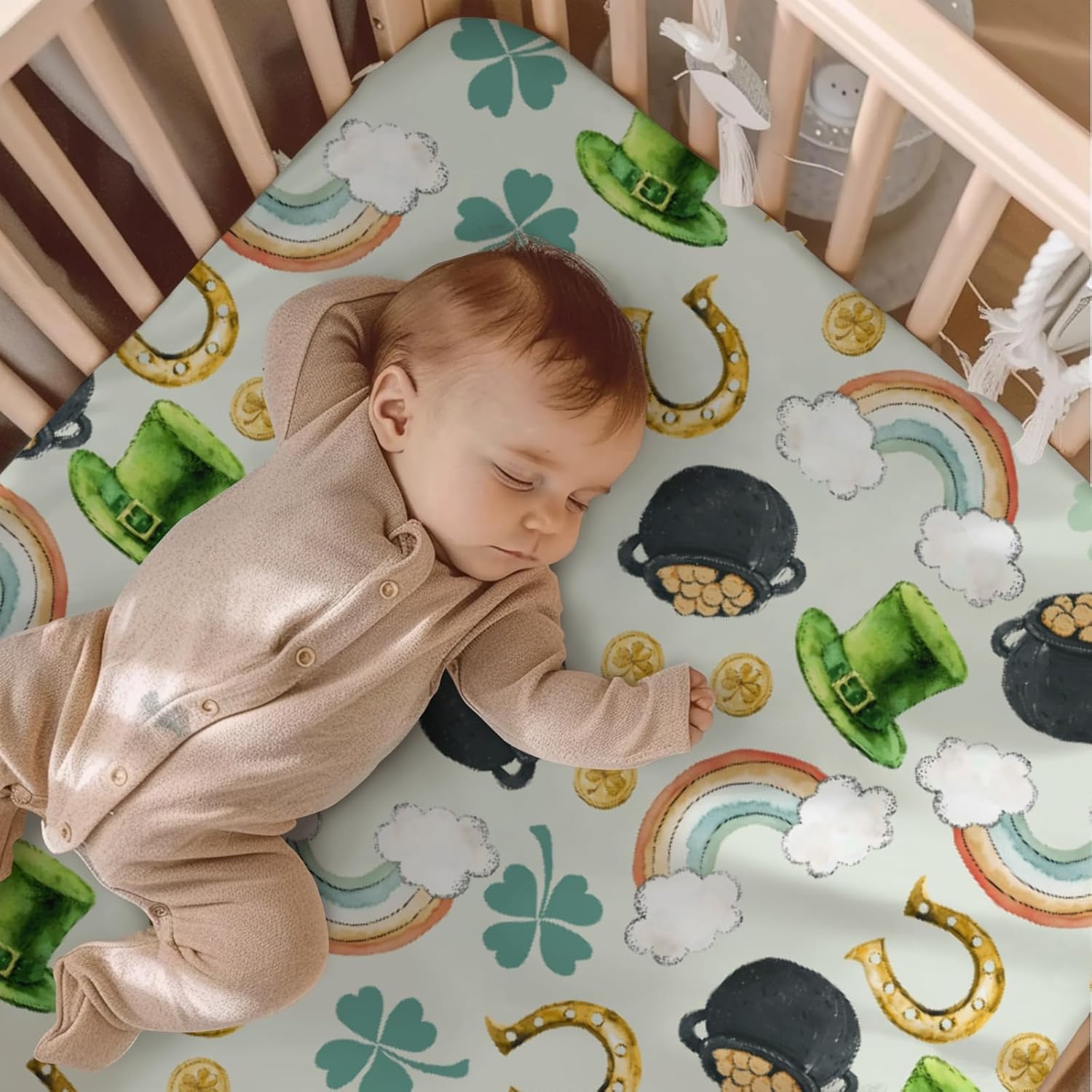 Spring St Patrick's Day Leaves Rainbow Irish Festival Pattern Baby Sheets for Crib, Unisex Nursery Fitted Bed Sheet for Boys Girls Standard Crib and Toddler Mattress-28x52