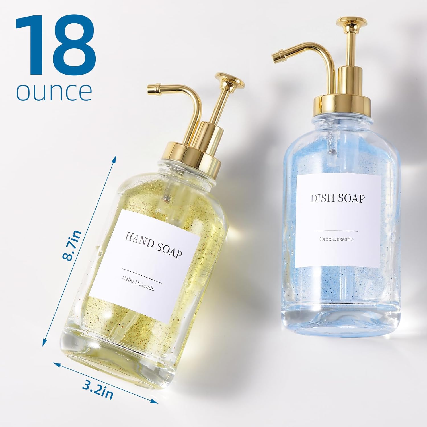 Glass Soap Dispenser with Pump, Dish and Hand Soap Dispenser for Kitchen Bathroom Set, Clear Glass Dispenser Set of 2 Pack with 18 Stickers Funnel Bamboo Tray 500ml 18oz / Each Bottle Gold Pump - Image 3