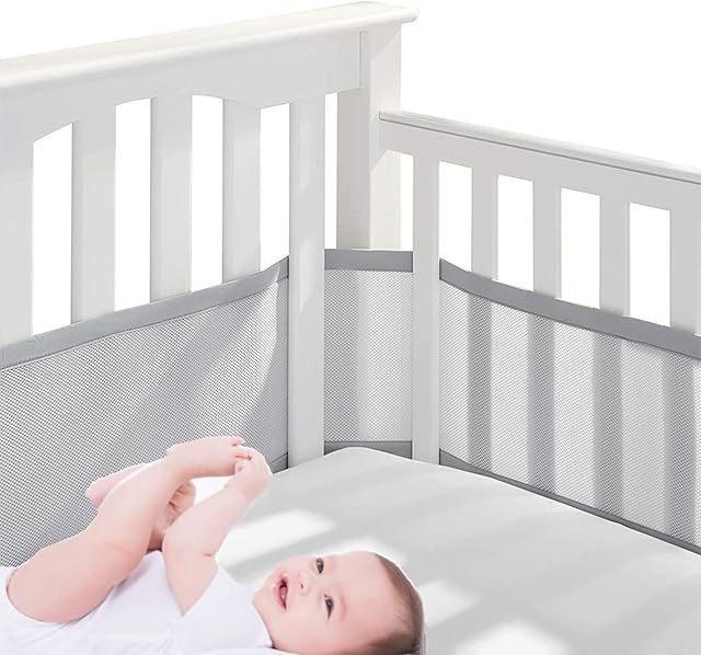 HB.YE Baby Mesh Cot Bed Bumper,Adjustable Anti-Bumper for Bedroom Crib Rail Cover Protection Fresh Breathing Bedding All Season,2Pcs Cot Liner Set (Grey)