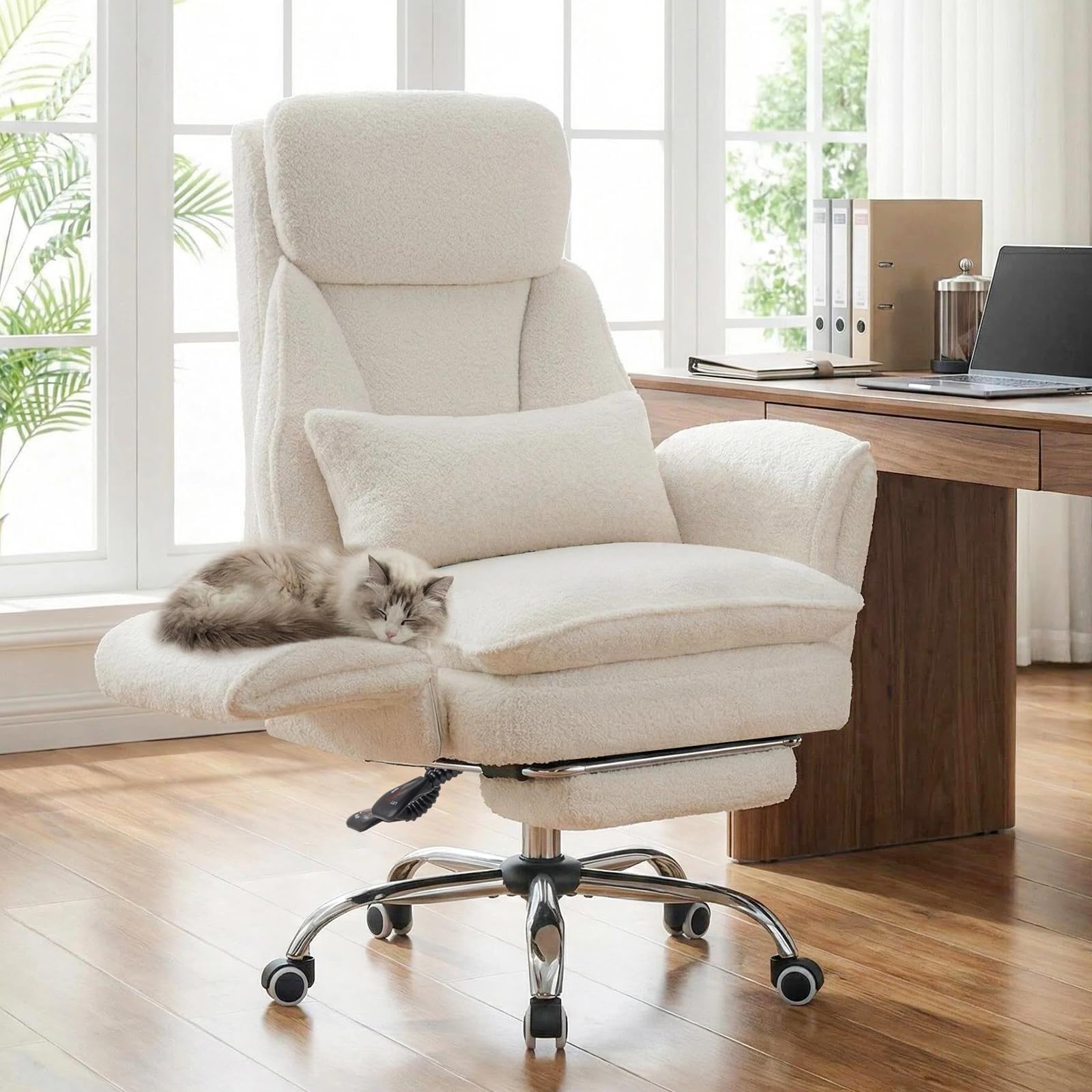 Ckaff Big and Tall Office Chair, Ergonomic Executive Computer Gaming Chair with Flip Armrests, Wide Seat Cross Legged Chair, Reclining Desk Chair with Footrest and Lumbar Pillow, Teddy Fleece White