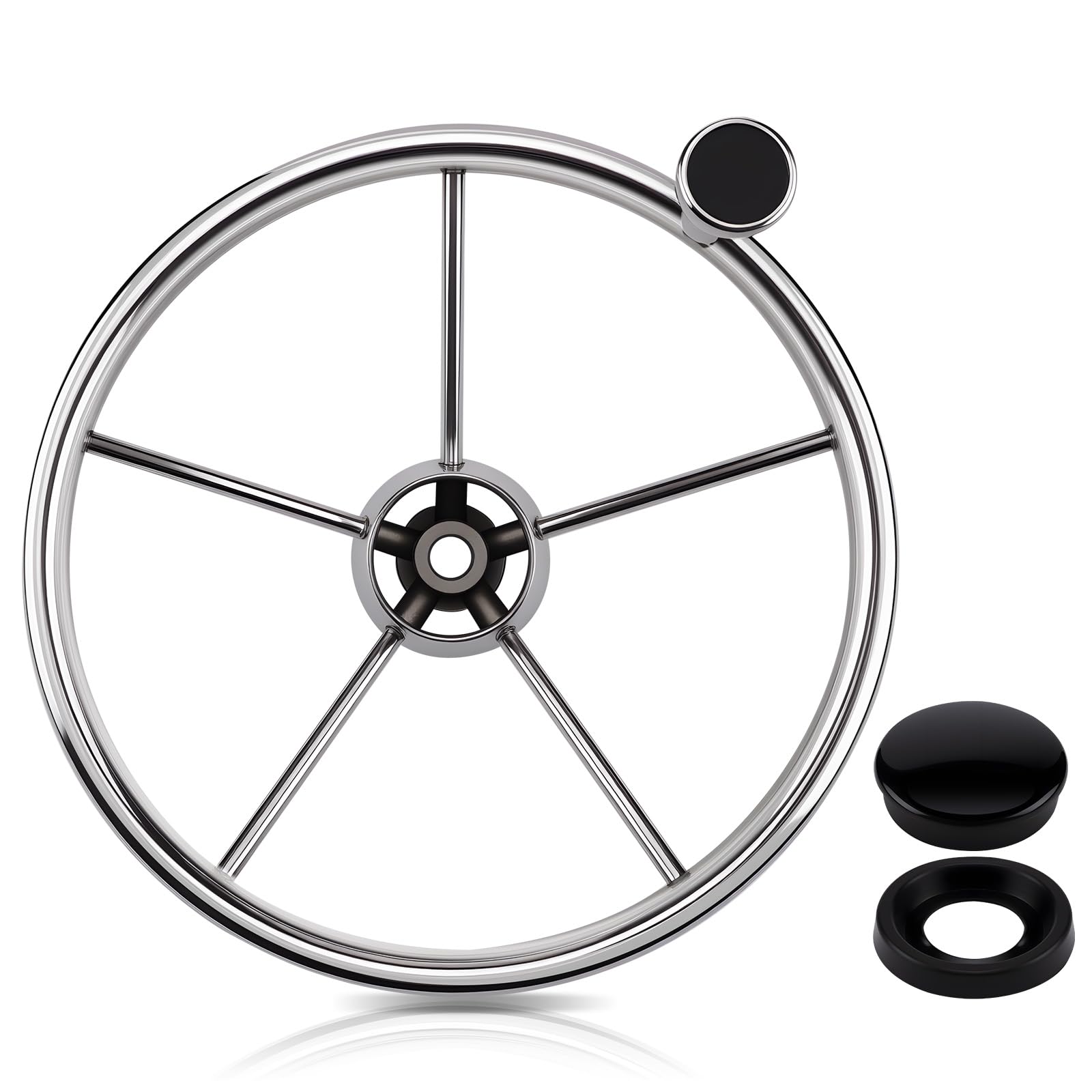 KAOLALI Volante da barca, volante da Yacht in Acciaio Inox a 5 Raggi da 13,5 pollici con Pulsante, Universale Accessori da Barca per Pilotaggio Pontone Barca Yacht