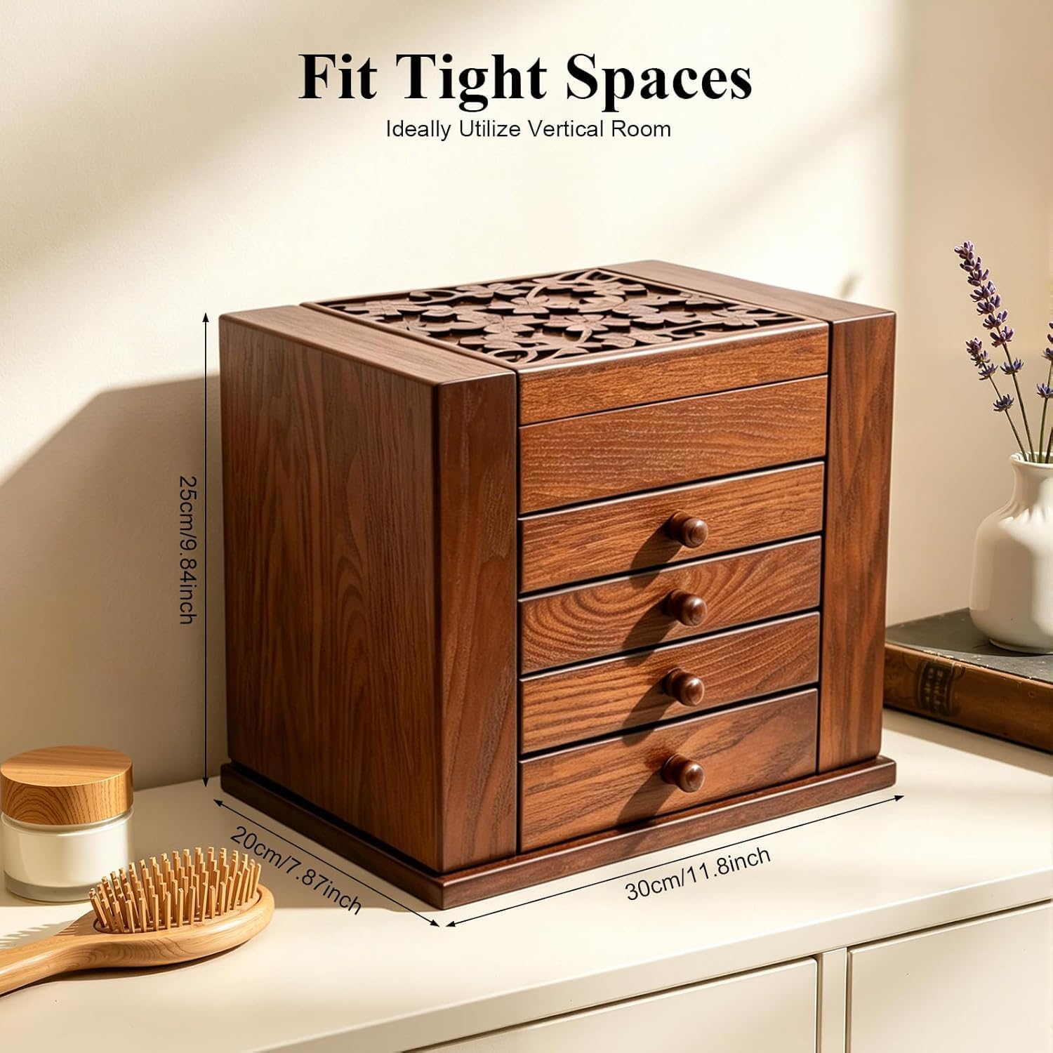 FIUZA Walnut Wooden Jewelry Box 5 Layer Lockable Wood Jewelry Organizer With Mirror, Side Doors & Brass Handle, Classical Design For Rings, Necklaces, Earrings, Ideal Gift For Dark Brown image 4