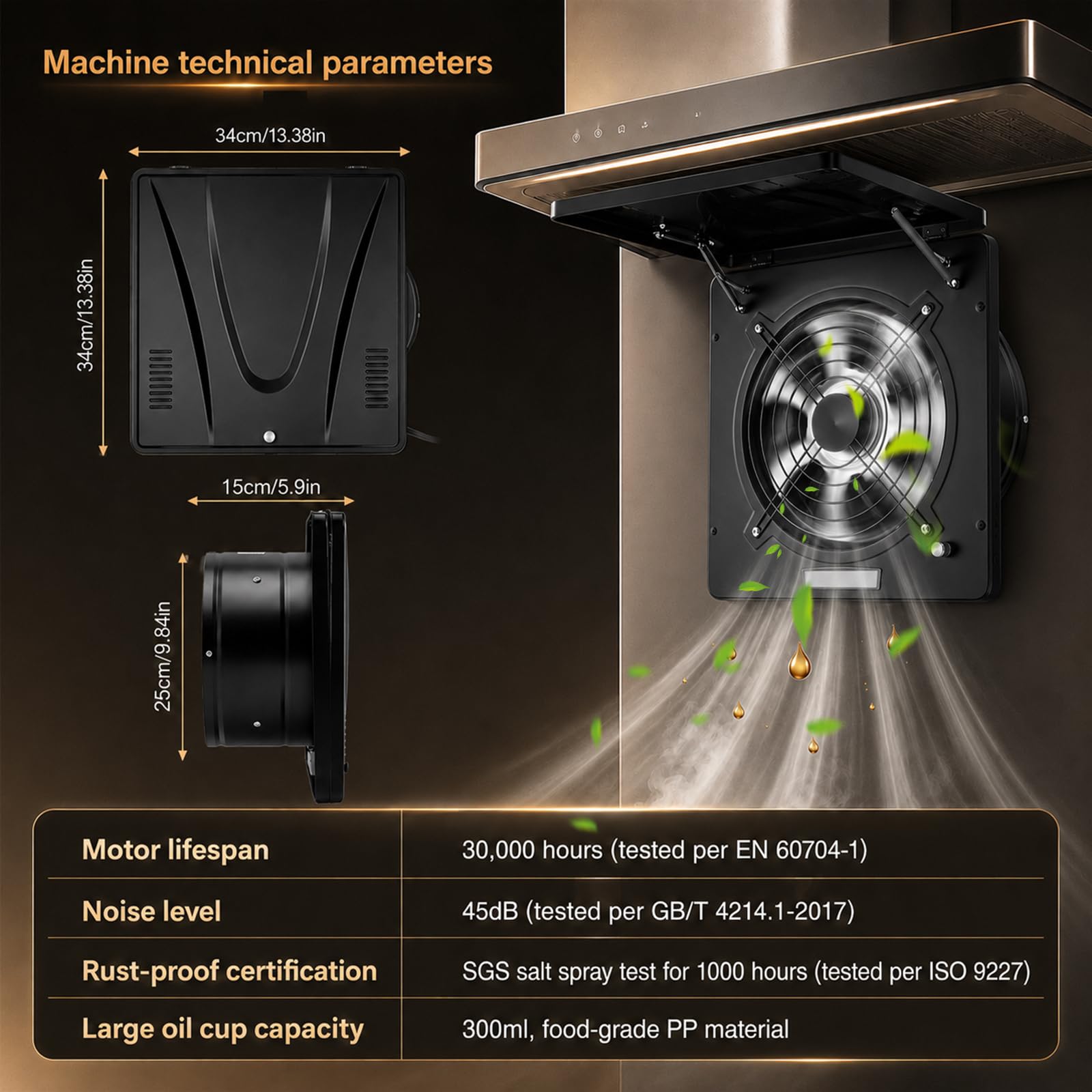 Ventilateur extracteur 250 mm, clapet de retour, régulateur de vitesse, système de collecte automatique d'huile, ventilateur mural silencieux pour salle de bain, cuisine, garage, cave, noir