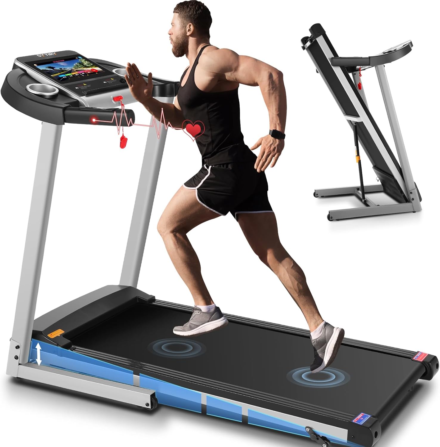 SYTIRY Treadmills for Home with TV Screen and WiFi,Smart Foldable Treadmill Machine,3D Virtual Sports Scene,HiFi Speakers,Popular APP for Social Networking,Video,and Search,Walking Pad Treadmill