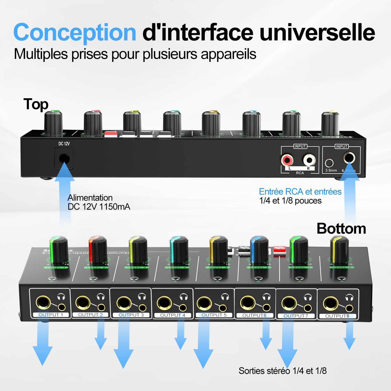 Amplificateur de Casque à 4 canaux avec Prises RCA 3,5 mm/6,35 mm, mélangeur Compact en métal avec 8 Ports de Sortie pour Casque, Interrupteur stéréo, Fonction muet, lumière RVB (8 canaux)