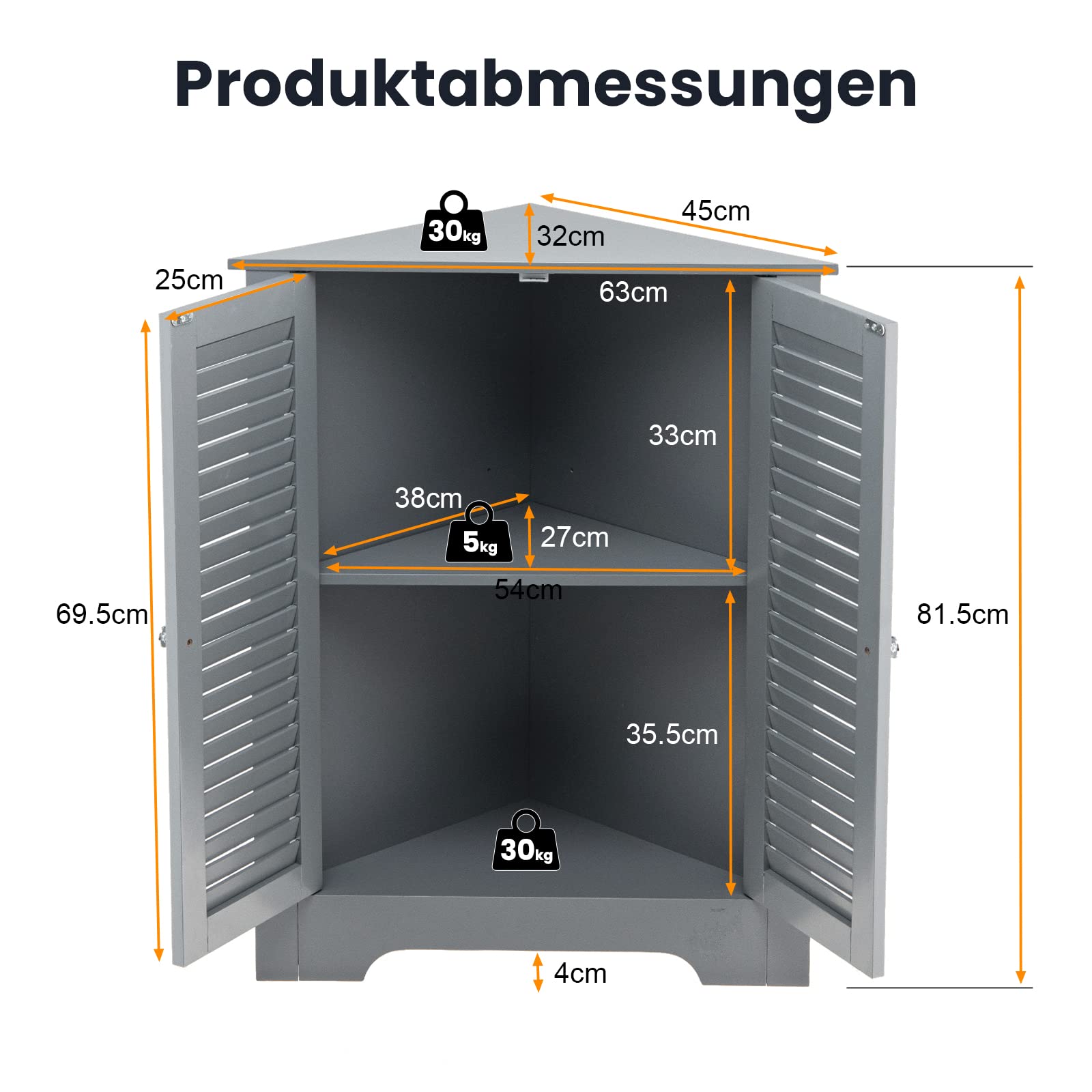 COSTWAY Badezimmerschrank Ecke, Eckschrank Bad mit 2 Lamellentür, Badschrank Unterschrank Holz, Aufbewahrungsschrank für Badezimmer, Küche, Wohnzimmer, 45 x 45 x 81,5 cm, grau