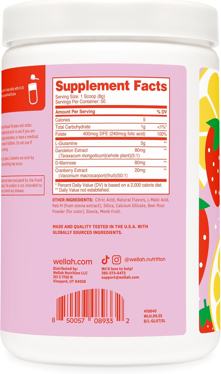 Wellah L-Glutamine Strawberry Lemonade Flavored (50 Servings) - 5g L-Glutamine Per Serving, Sweetened with Stevia - Image 4