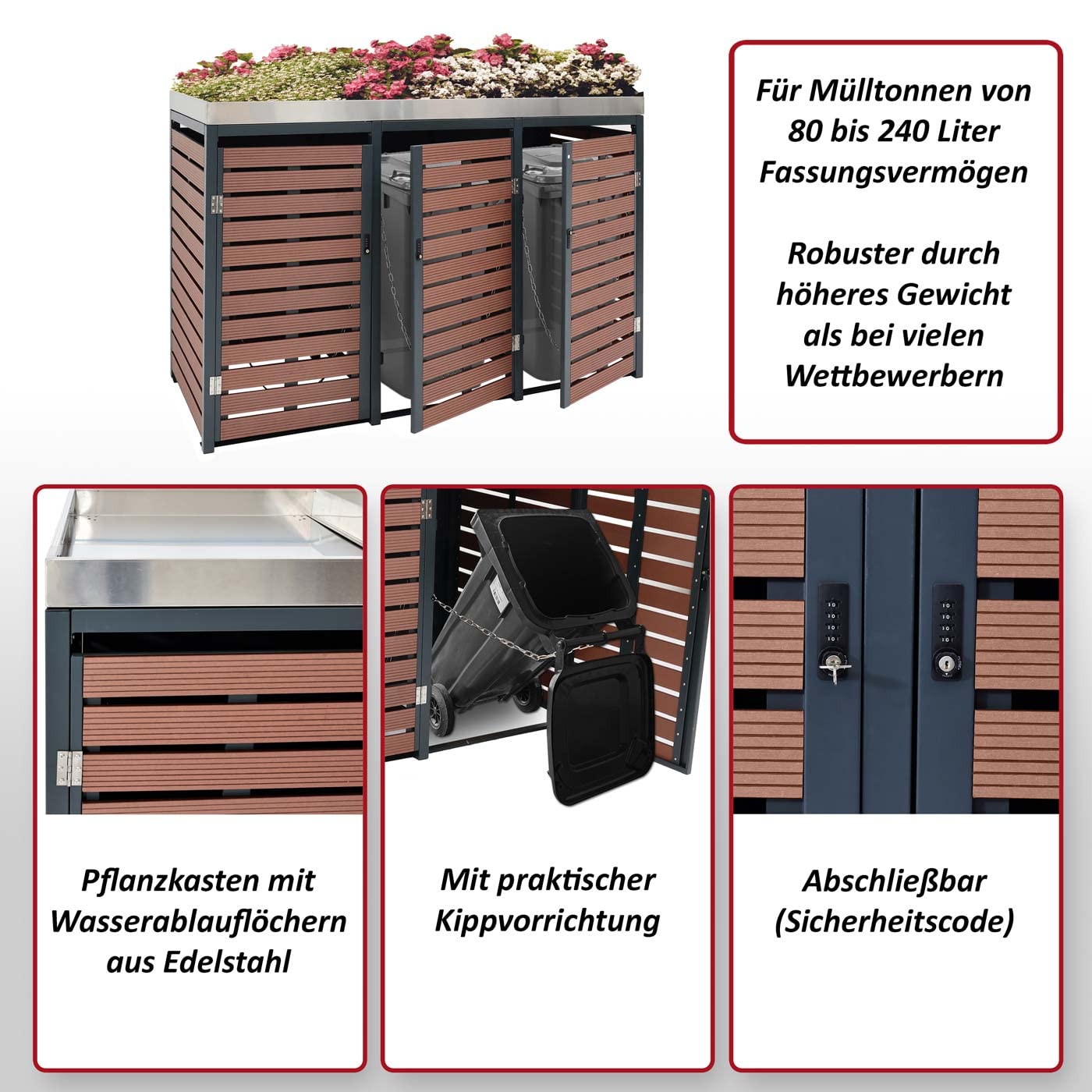 3x copribidoni box spazzatura rifiuti con fioriera HWC-K14 84x200x124cm metallo WPC - teak