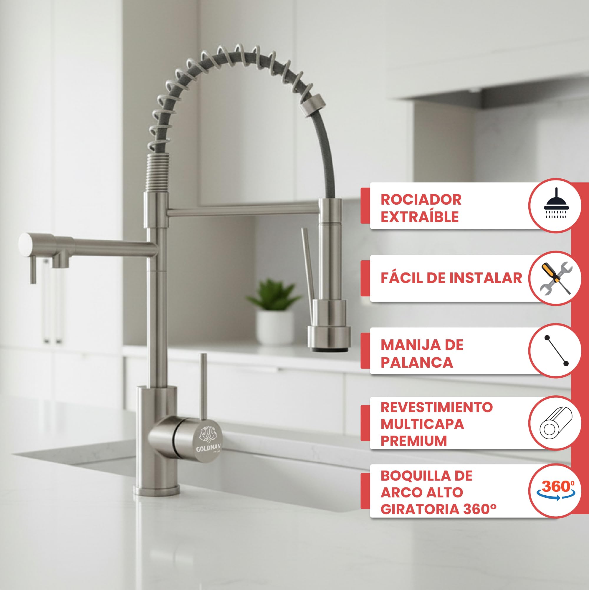 GOLDMAN SERVICE | Grifo Cocina Monomando Extraíble con Caño – Acero Inoxidable, 2 Modos Agua (Spray/Flujo), Giratorio 360°, Manguera 40cm, Instalación Rápida, Grifo Fregadero Flexible