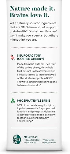 Miniatura 13 de NEURIVA Suplemento cerebral nootrópico descafeinado original probado clínicamente para memoria, concentración y concentración, neurofactor y