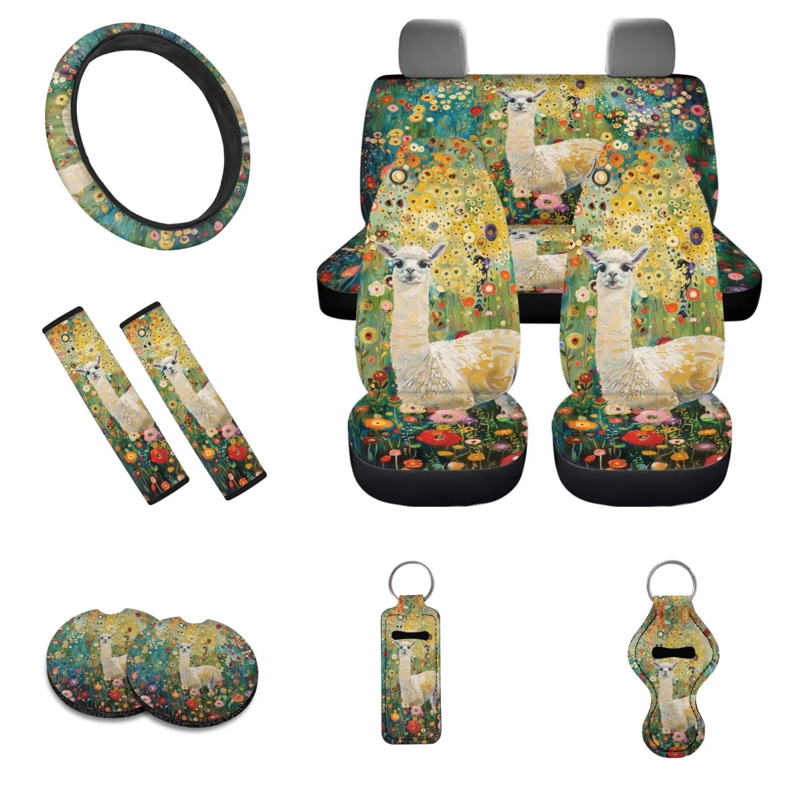 WHOSGNIHT Llama Car Seat Covers Full Set of 11 + Steering Wheel Cushion + Seatbelt Pads + Keychains + Coasters,Flower Floral Car Accessories Universal