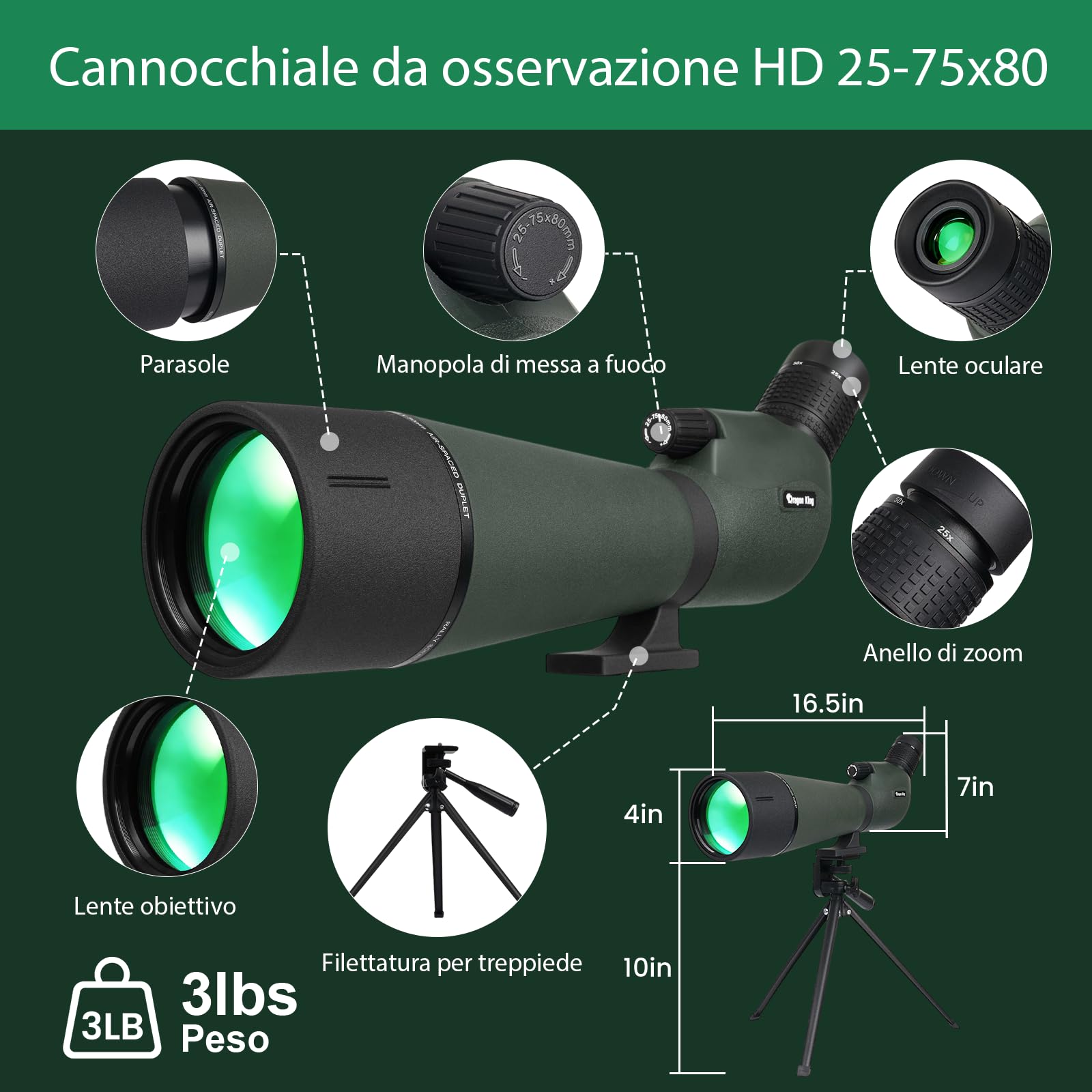 BIBIRE HD-Spektiv 25-75x80 Winkelspektiv mit Stativ und Smartphone-Adapter für Vogelbeobachtung Wildbeobachtung Jagd