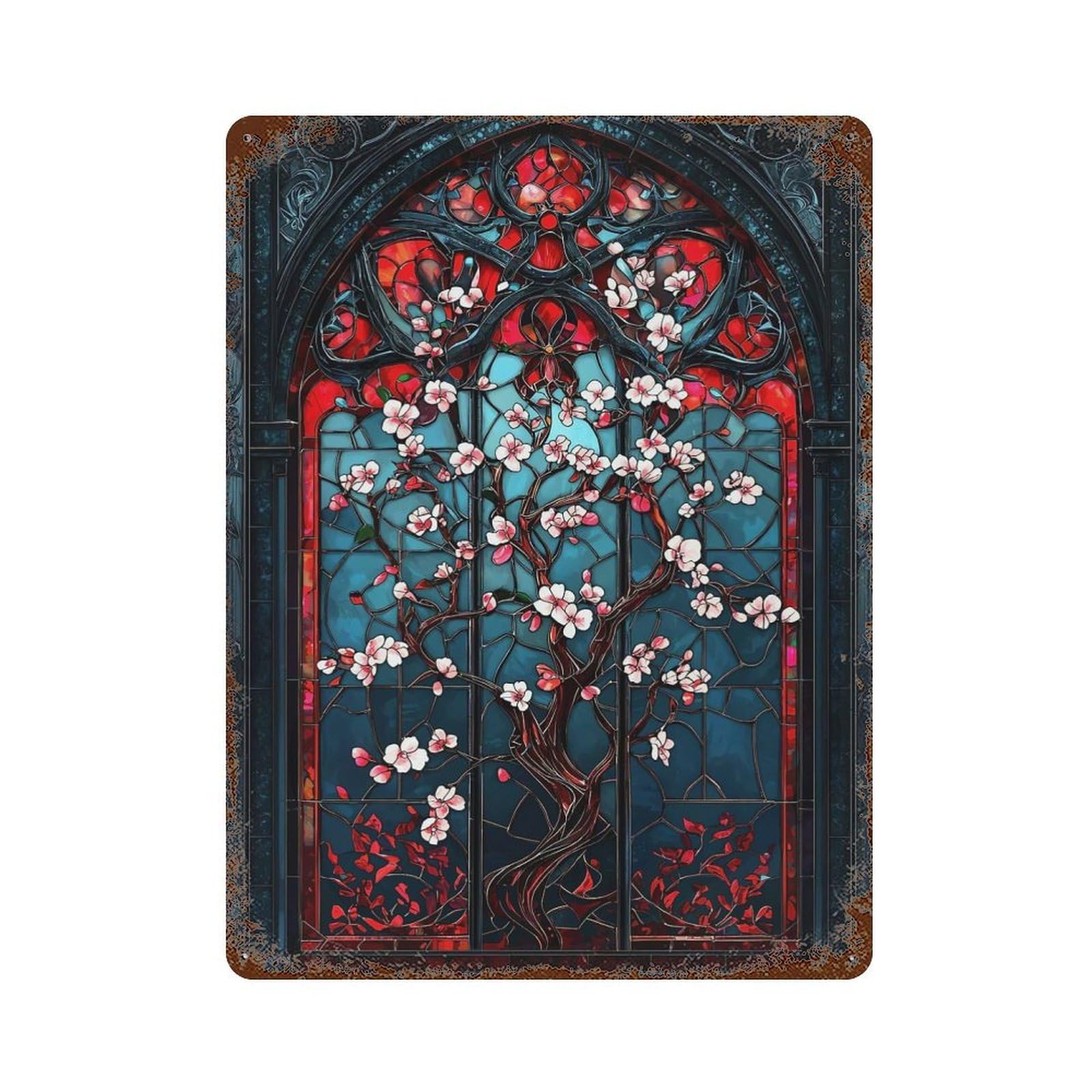 Vintage Rust Metal Sign Stained Glass Cherry Blossom 15.7"x11.8", Novelty Wall Decor for Garage, Bar And Workshop Decor