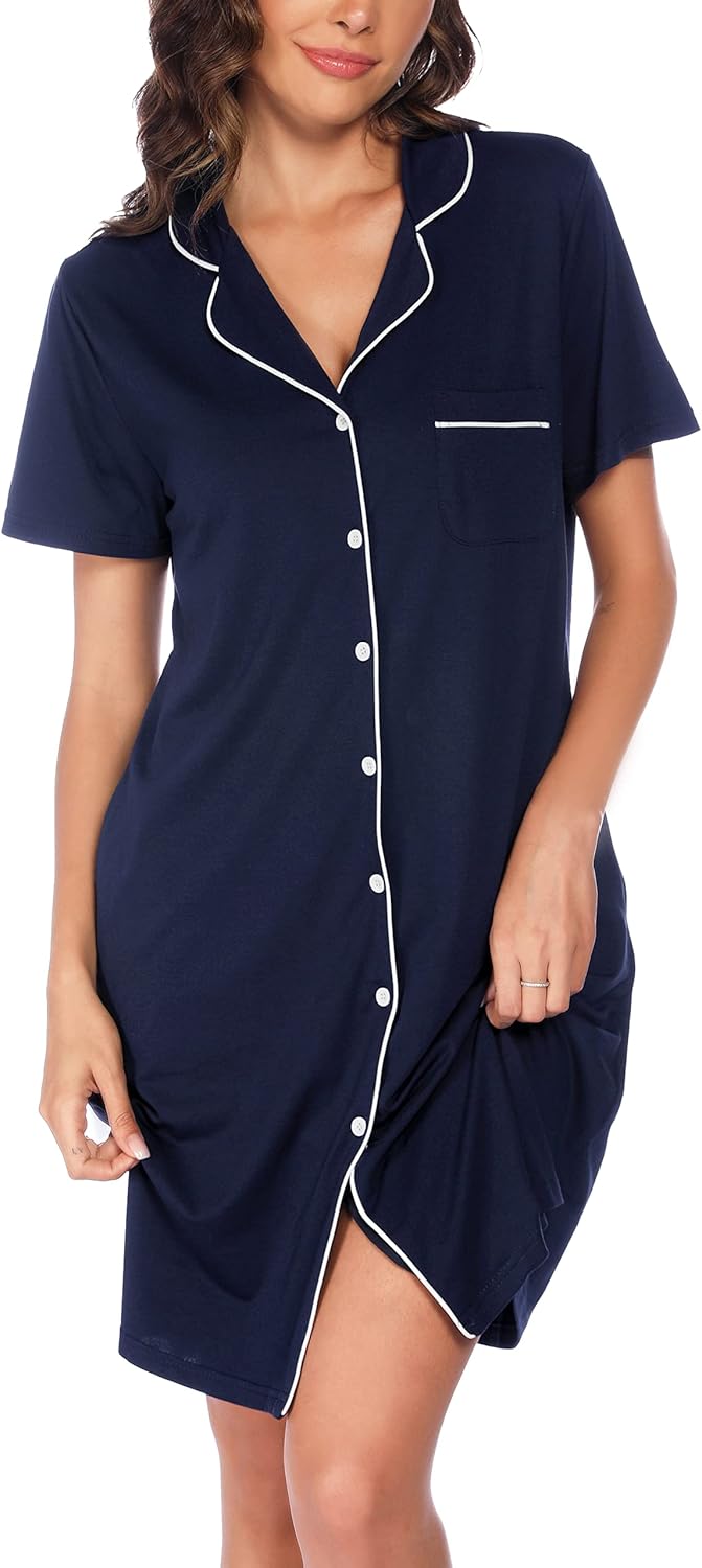 Vlazom Women's Nightgowns Short Sleeve Sleep Shirts Nightshirt V Neck Button Down Pajama Sleepwear S-XXL - Image 4