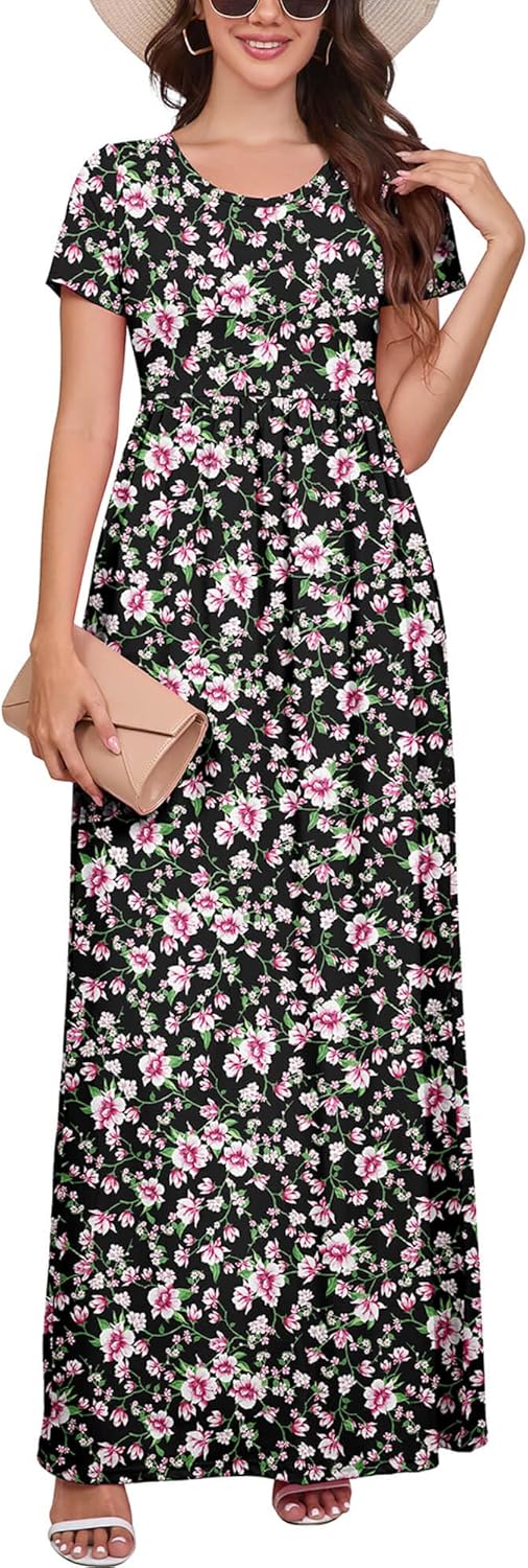 DEARCASE Maxi Dress for Women Short Sleeve Casual Summer Loose Plain Comfy Long Dresses with Pockets
