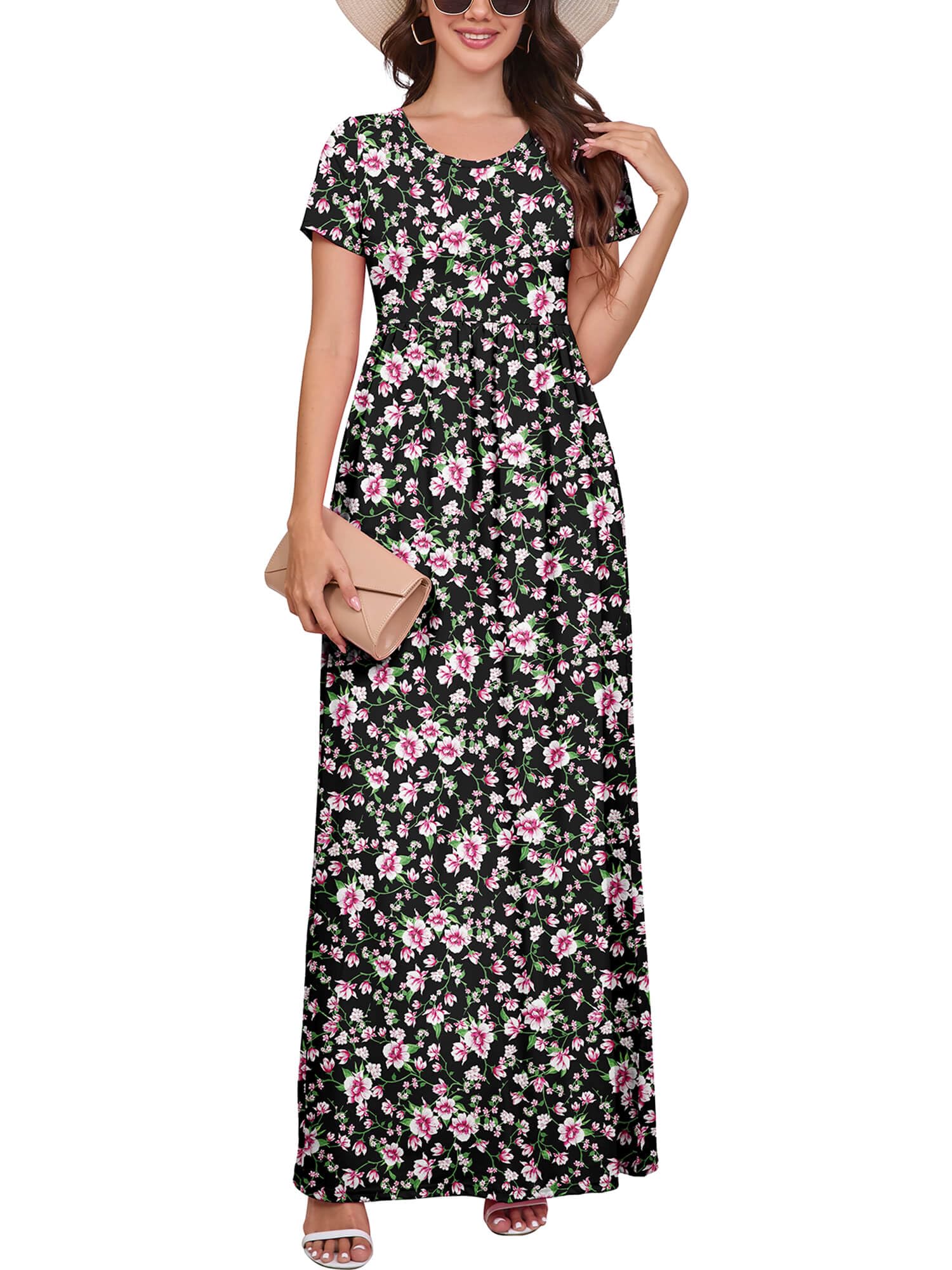DEARCASE Maxi Dress for Women Short Sleeve Casual Summer Loose Plain Comfy Long Dresses with Pockets