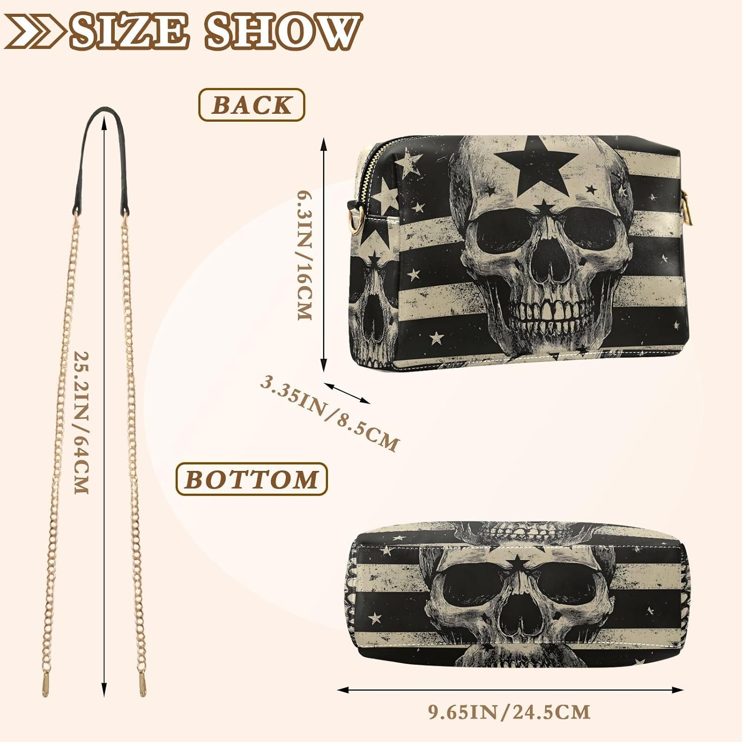 Women Crossbody Bag Shoulder Handbag Cellphone Purse PU Leather Metal Chain Strap Water Resistant Zipper Closure Retro Skull American Print