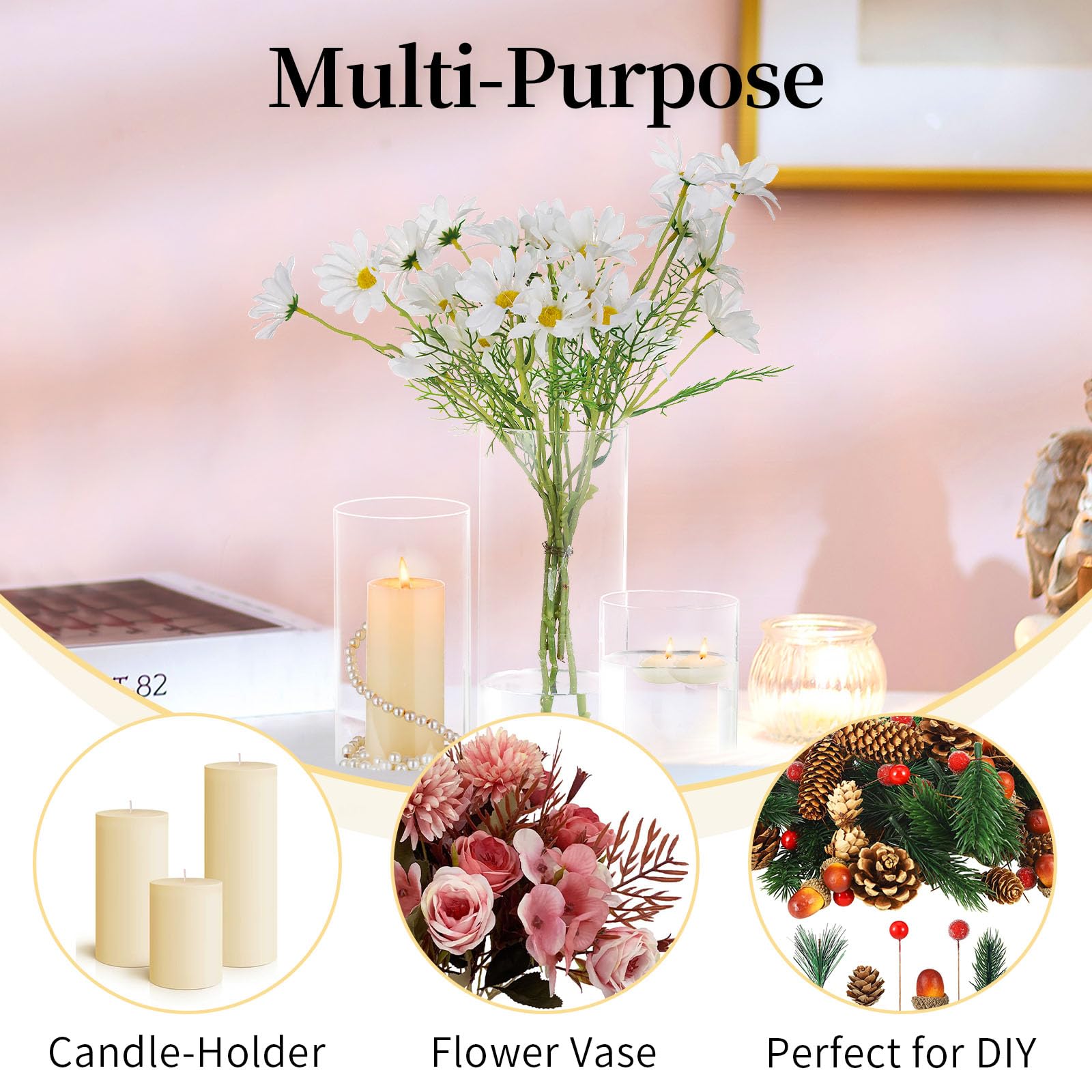 Romadedi Candelabro in vetro portacandele – 3 portacandele trasparenti per candele galleggianti, candele in vetro con fondo per erba della pampa, vasi per decorazione da tavolo, soggiorno, matrimonio,