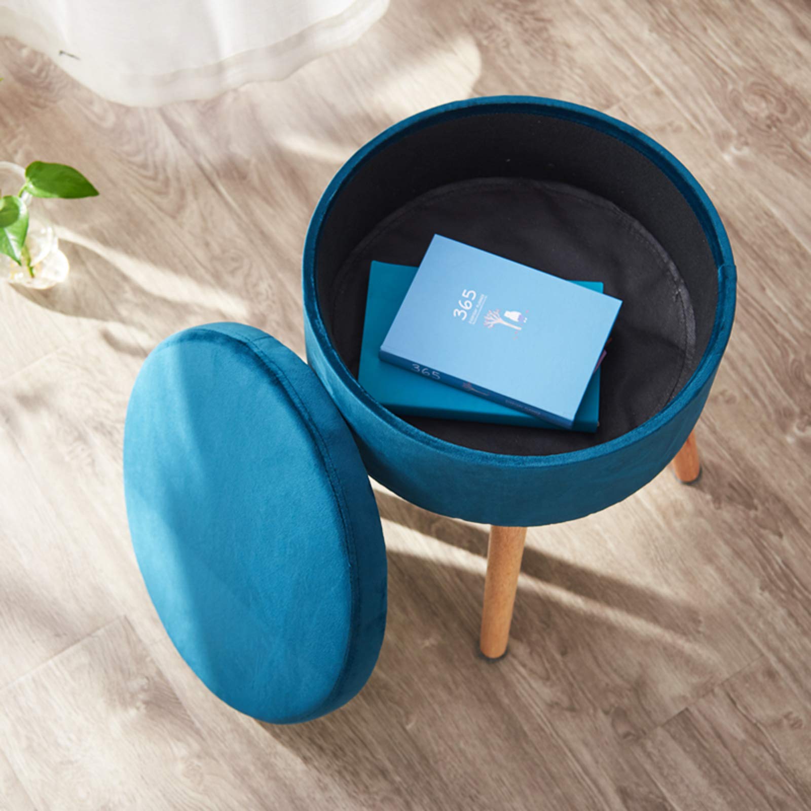 Pouf pouf rotondo nordico, poggiapiedi con coperchio rimovibile e gambe in legno antiscivolo, per soggiorno, camera da letto, blu crema, 37 x 37 x 43 cm