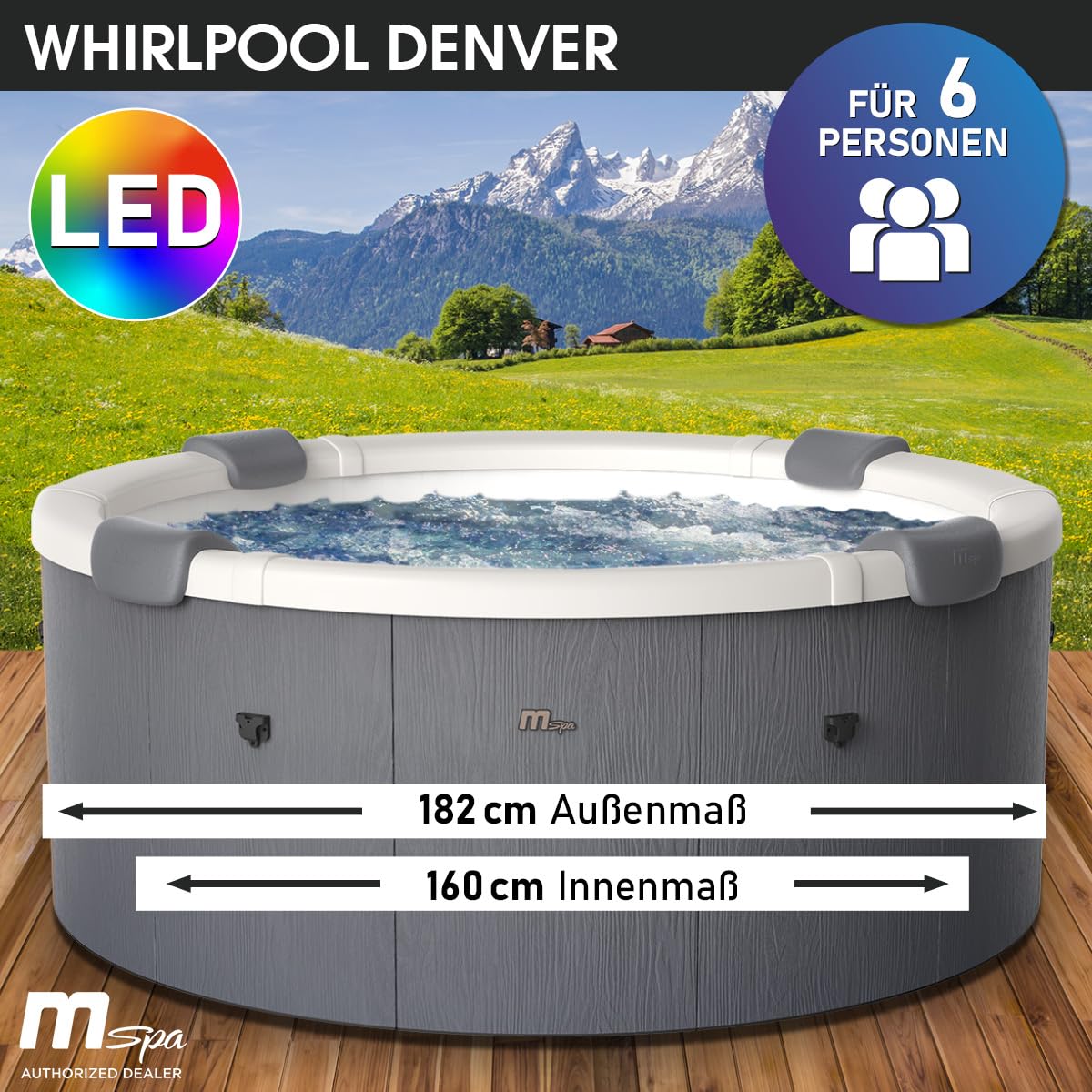 BRAST Whirlpool MSpa Denver mit Fester Außenwand | Ø182x70cm | LED-Beleuchtung mit 20 einstellbaren Farben für 6 Personen | 130 Massagedüsen | Ganzjähriger Einsatz Winterfest | In & Outdoor Pool