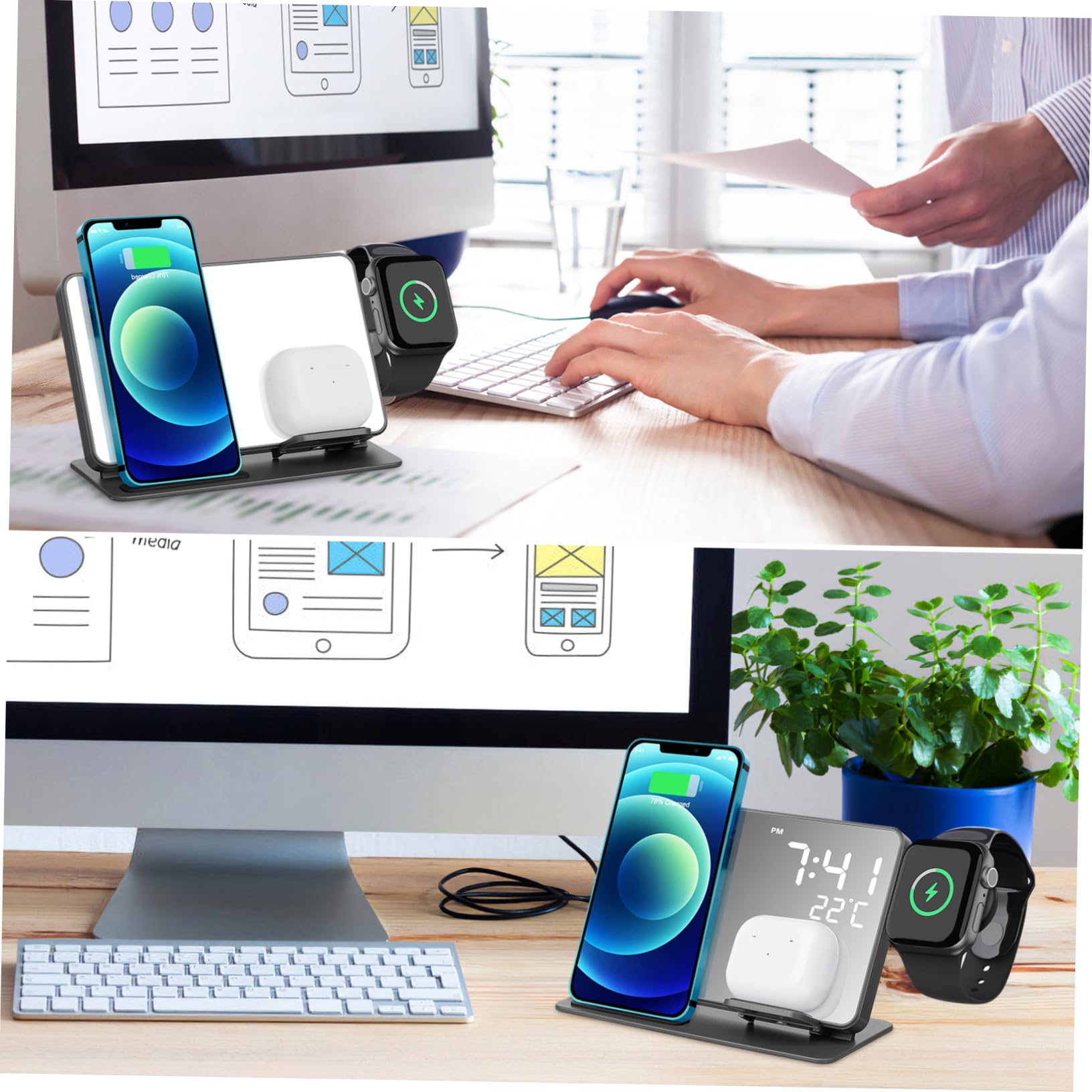 TEHAUX Station de Charge sans Fil avec Réveil Numérique et Affichage Température Support de Chargement Rapide Compatible Smartphone Montre Connectée et Écouteurs