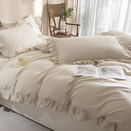 Miniatura 7 de QSH Funda de edredón 100% algodón, tamaño King, con volantes, textura de lino, estilo rústico, estilo vintage, elegante, 3 piezas, estética,