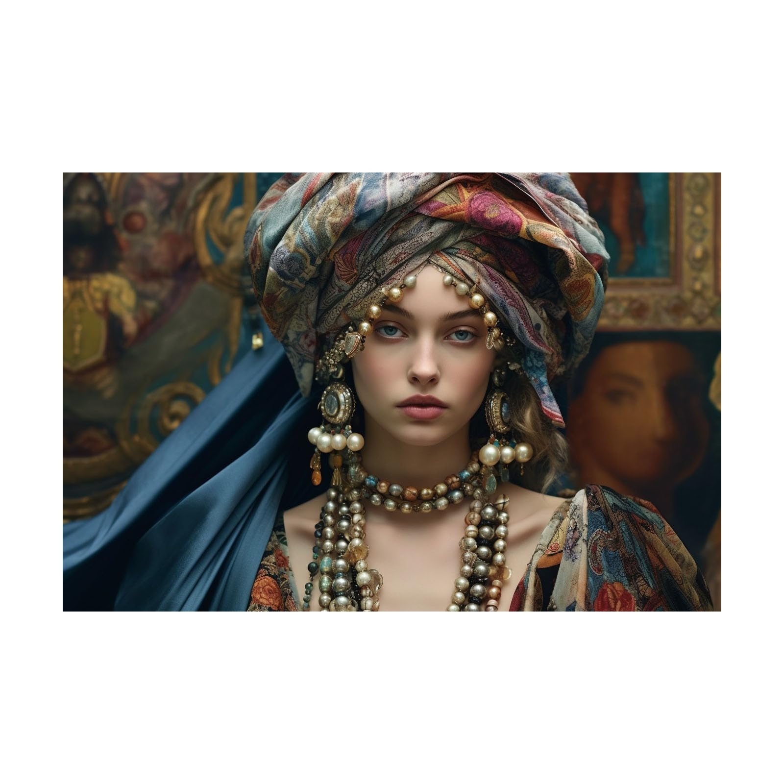 TERUEA Abstract Girl Painting Prints Woman Canvas Pictures Woman With Multicolor Turban And Layered Pearl Necklaces Retro Painting Bathroom Wall Decor,(Blue)-60x90cm Unframed