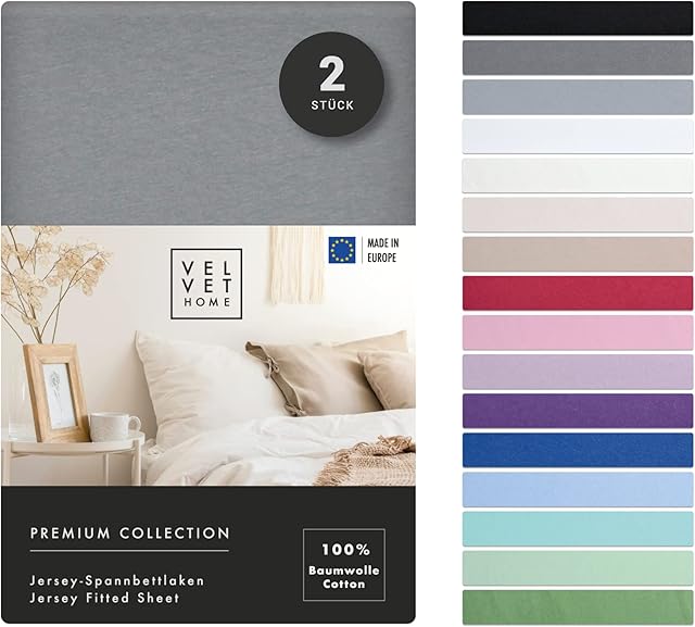 VelvetHome 2szt Prześcieradło z gumką 90x200cm | 100% Bawełna czesana | Made in EU | 165gsm | 2X Jersey | Jakość Premium | Ciemnoszary | 90 x 200 +30