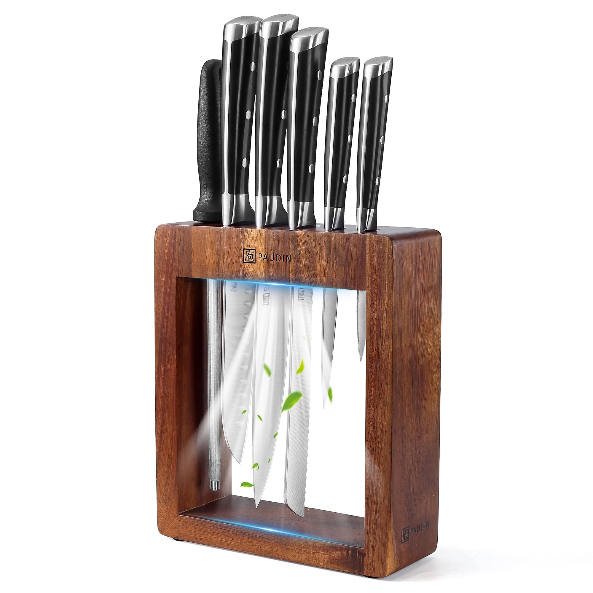 PAUDIN Ceppo coltelli set, set coltelli da cucina 7 pezzi affilati con ceppo in legno,coltello da cucina professionali con coltello da pane in acciaio inossidabile di alta qualità e manico in ABS